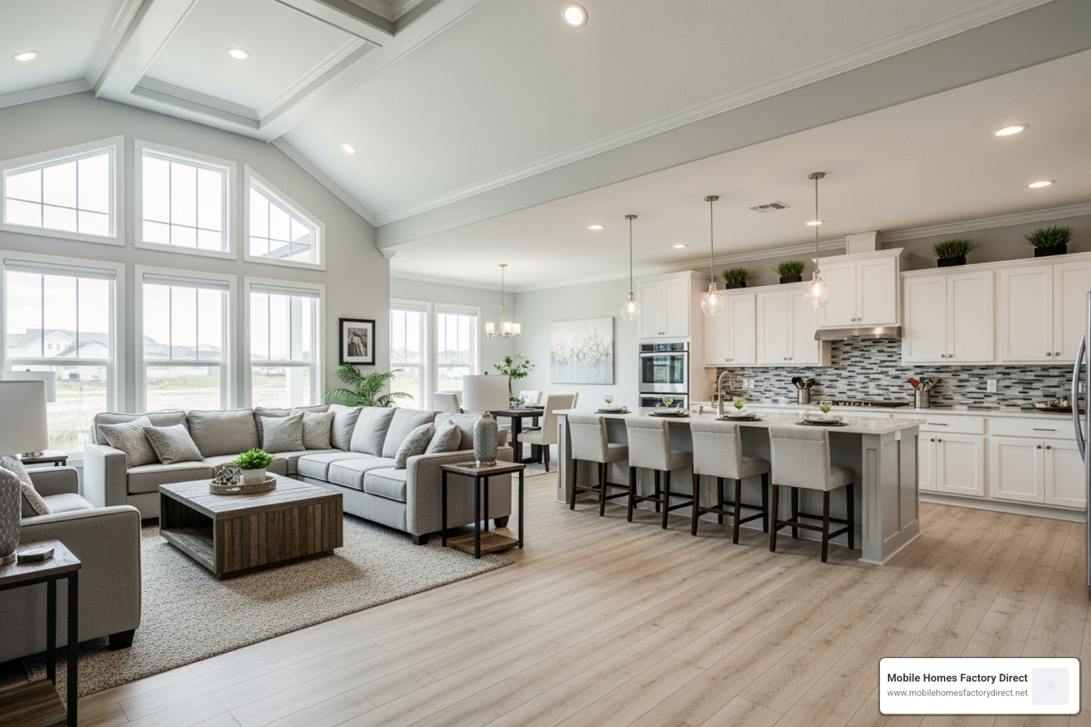 A bright, open-concept living room and kitchen area in a triple wide manufactured home, showcasing high ceilings, modern finishes, and ample natural light - Triple wide homes