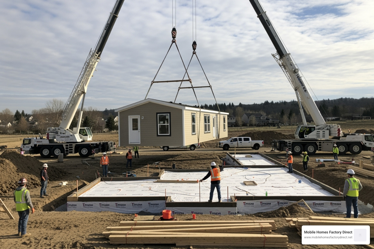 A triple wide manufactured home being carefully maneuvered onto a prepared foundation at a construction site, with cranes and crew members overseeing the precise placement of the home's sections - Triple wide homes