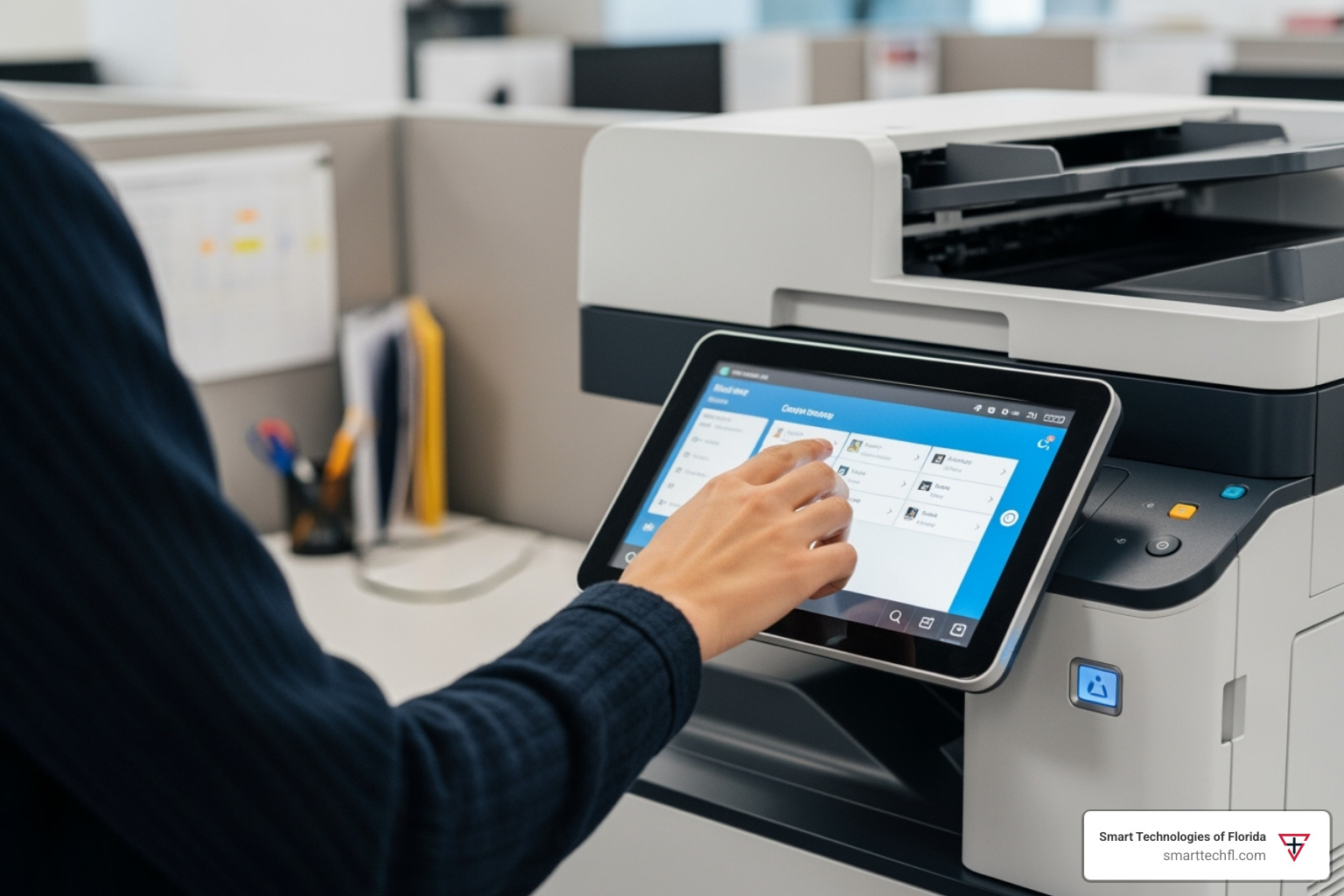 person using touchscreen on a multifunction printer - color laser printer scanner combo