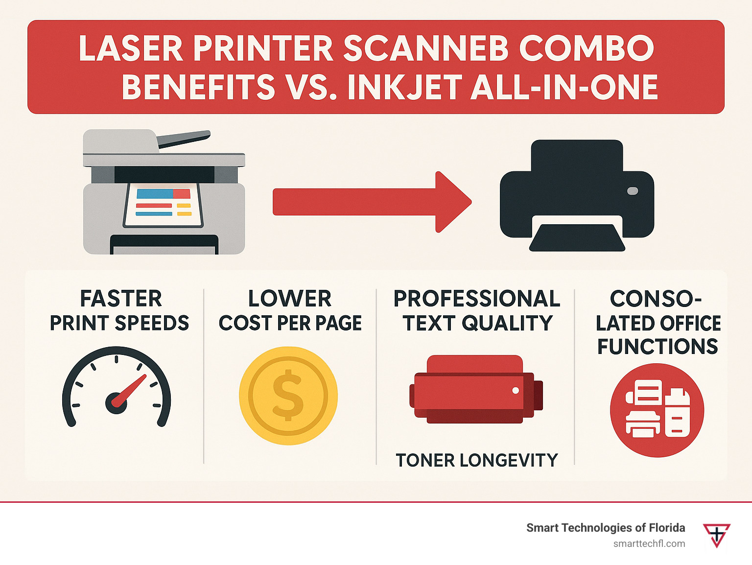 Comparison infographic showing laser printer scanner combo benefits including faster print speeds, lower cost per page, professional text quality, toner longevity, and consolidated office functions versus traditional inkjet alternatives - color laser printer scanner combo infographic 