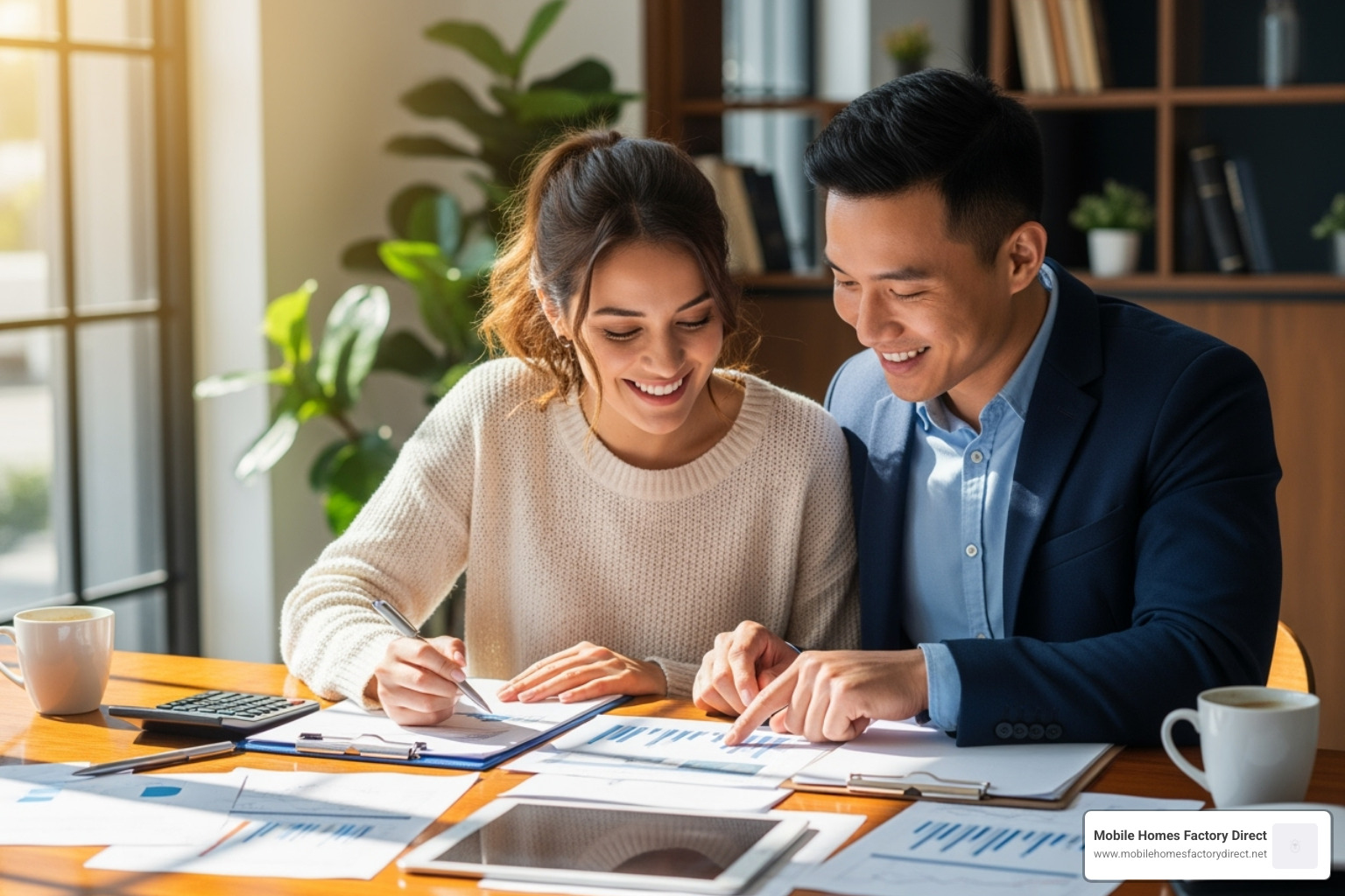 couple reviewing financial documents and smiling - foreclosed manufactured homes