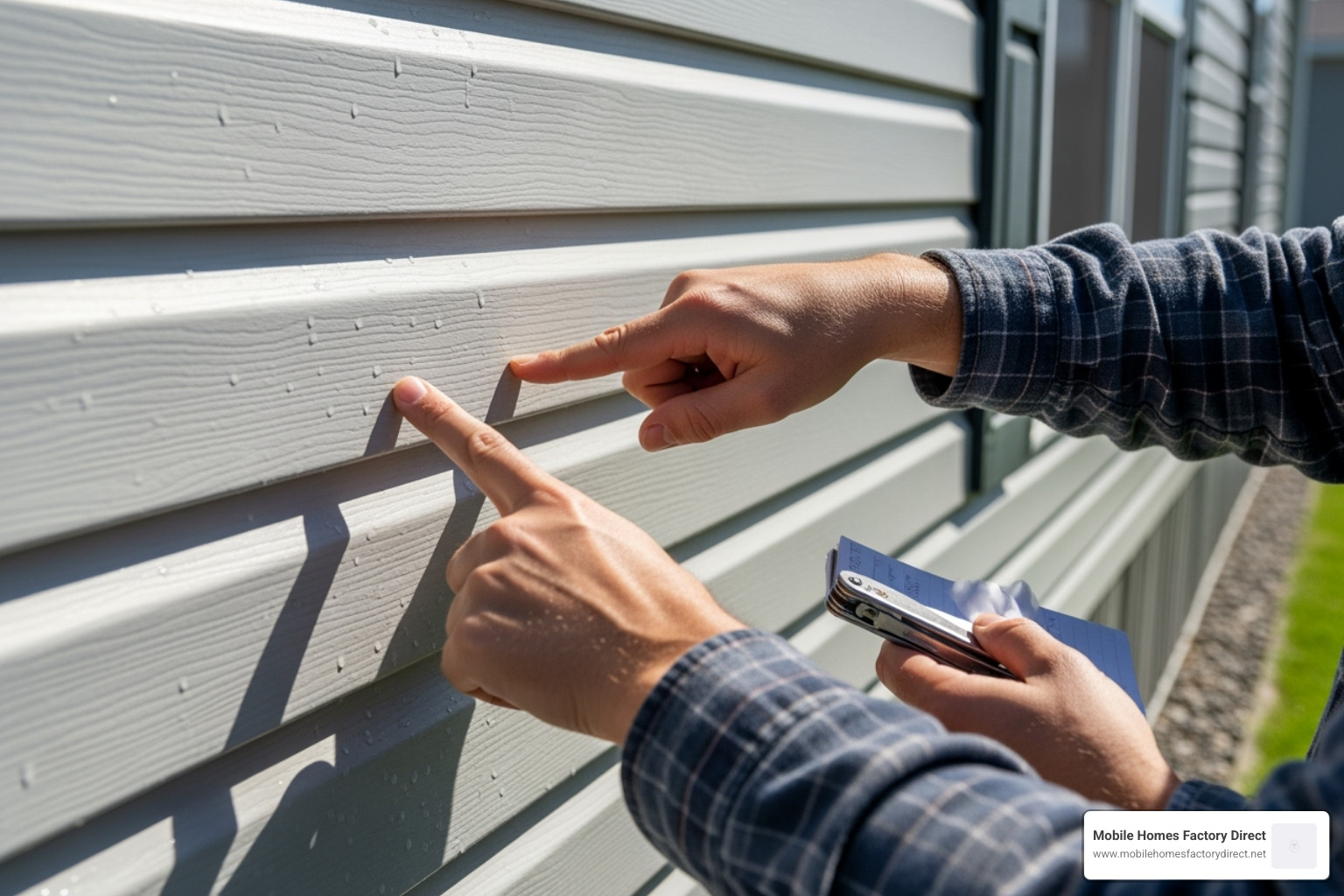 person inspecting the siding of a mobile home - foreclosed manufactured homes