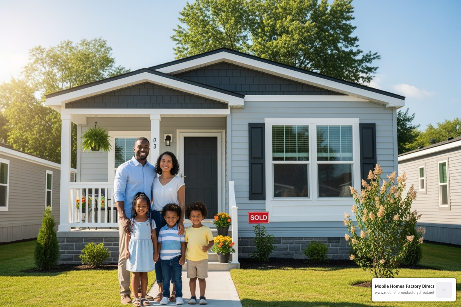 happy family standing in front of their newly purchased manufactured home - foreclosed manufactured homes
