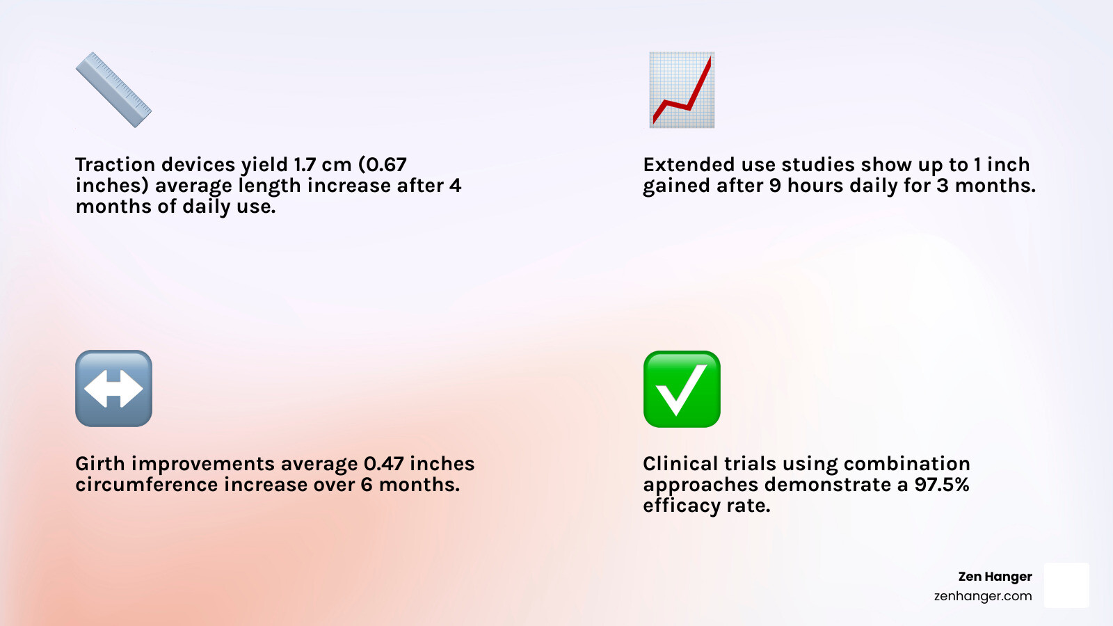 Infographic showing realistic penis growth results timeline: Month 1-2 shows initial tissue adaptation, Month 3-4 displays measurable length gains of 0.5-1 inch, Month 5-6 demonstrates maximum results of 1-2 inches with proper consistency, comparing flaccid vs erect measurements and explaining that girth gains typically occur more gradually - Penis growth results infographic 4_facts_emoji_light-gradient