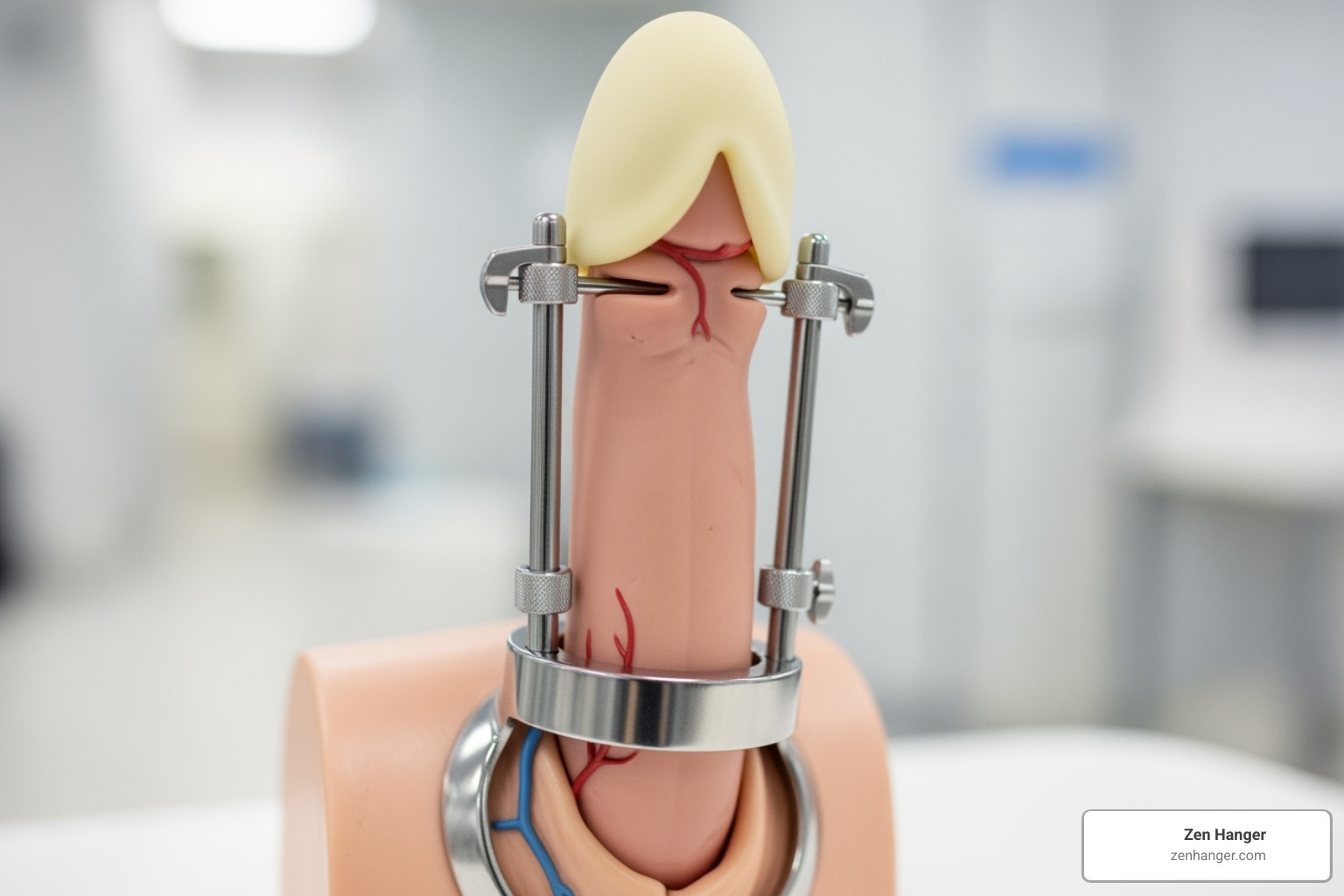 Demonstration of a Zen Hanger penis extender device on an anatomical model - Penis growth results