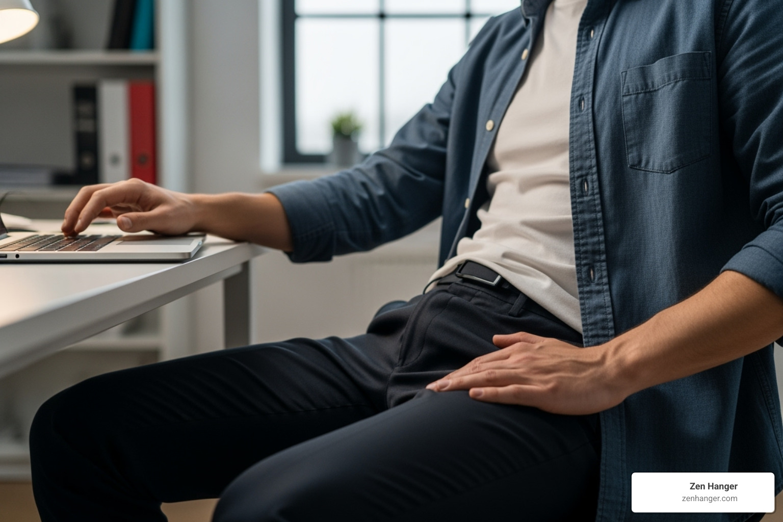 person discreetly using a penis extender while sitting - penis extender results reddit