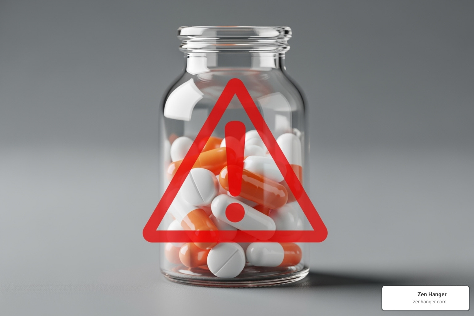 Image of a warning symbol over a bottle of pills - best penis enlargement