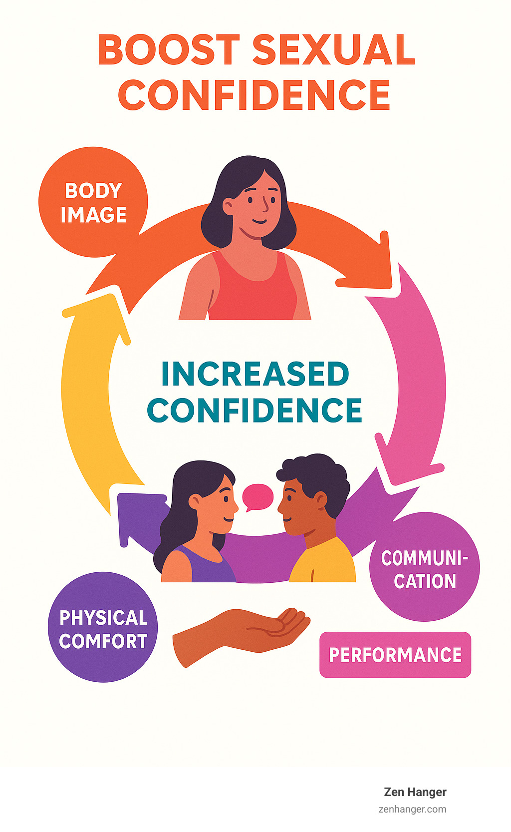 Infographic showing the cycle of sexual confidence, including factors like body image leading to self-assurance, better communication resulting in partner satisfaction, and how physical comfort improves performance, creating a positive feedback loop of increased confidence - Boost sexual confidence infographic 