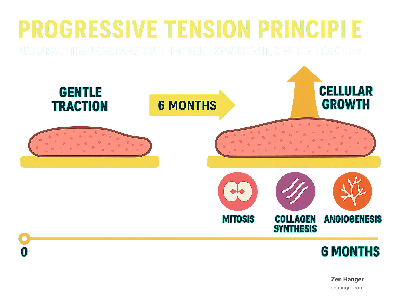 Infographic showing the progressive tension principle for natural tissue expansion, illustrating how consistent gentle traction stimulates cellular growth through mitosis, collagen synthesis, and angiogenesis over a 6-month timeline - Long term gains infographic 