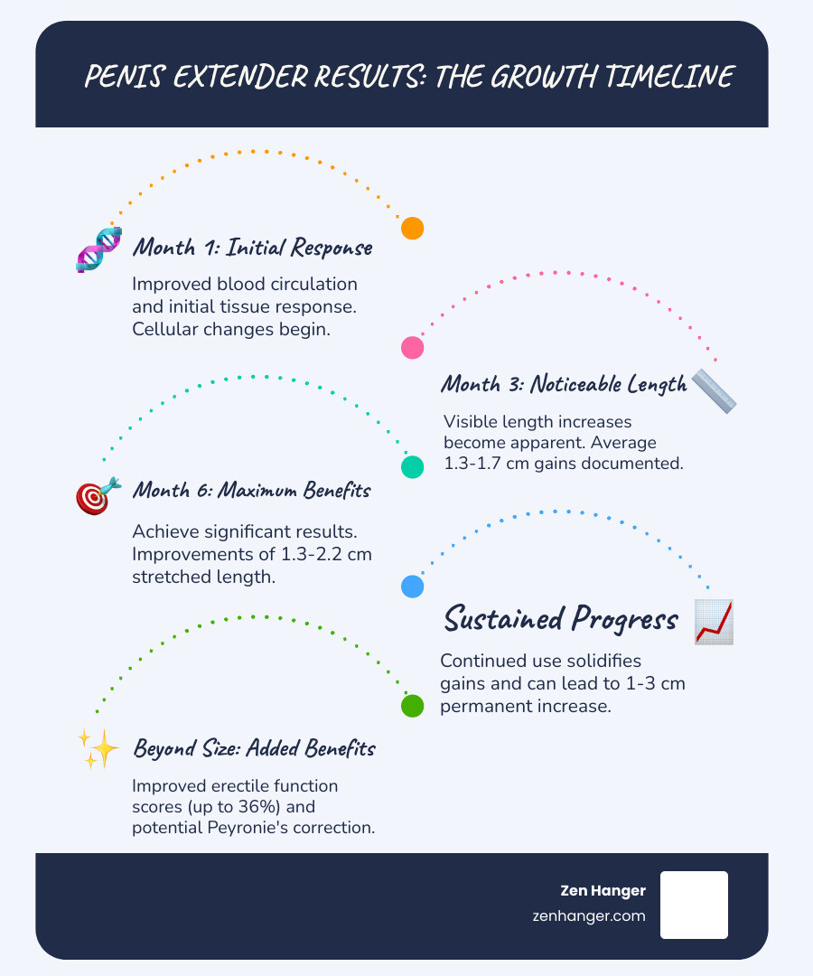 Infographic showing the timeline of tissue growth from penis extender use, including cellular changes at 1 month, visible length gains at 3 months, and maximum results at 6+ months with corresponding measurements - penis extender device results infographic infographic-line-5-steps-blues-accent_colors