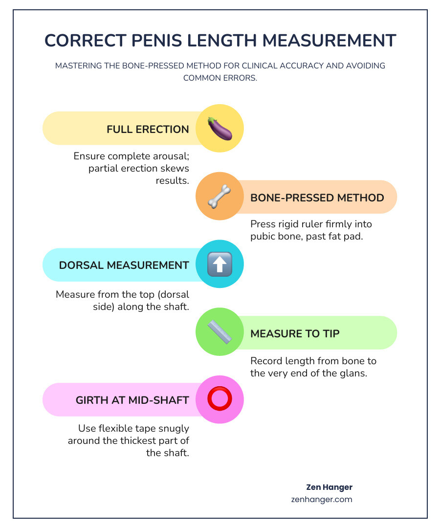 Detailed infographic showing the difference between bone-pressed and non-bone-pressed penis measurement techniques, including anatomical cross-section showing pubic bone location, fat pad compression, and ruler placement for accurate clinical measurement - correctly measure erect penis length video infographic infographic-line-5-steps-colors