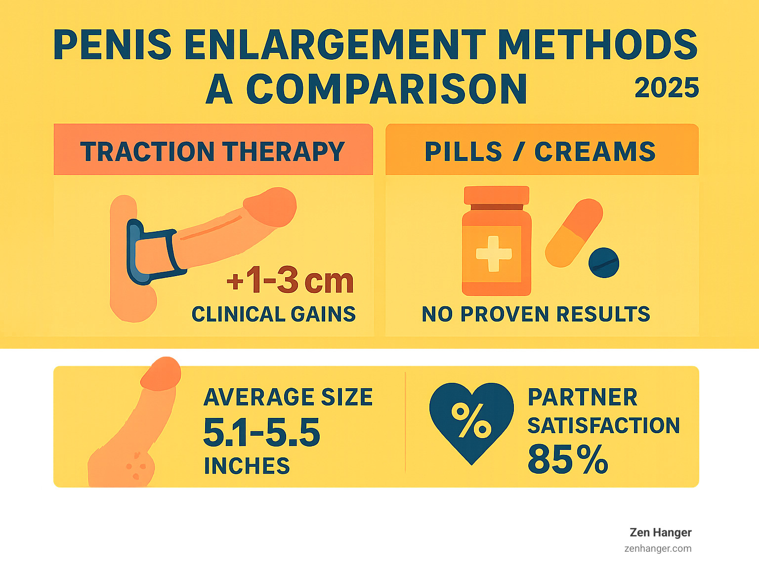 Infographic showing penis enlargement methods comparison: traction therapy with 1-3cm clinical gains vs pills/creams with zero proven results, plus statistics showing 5.1-5.5 inch average size and 85% partner satisfaction rates - penis enlargement secrets infographic 