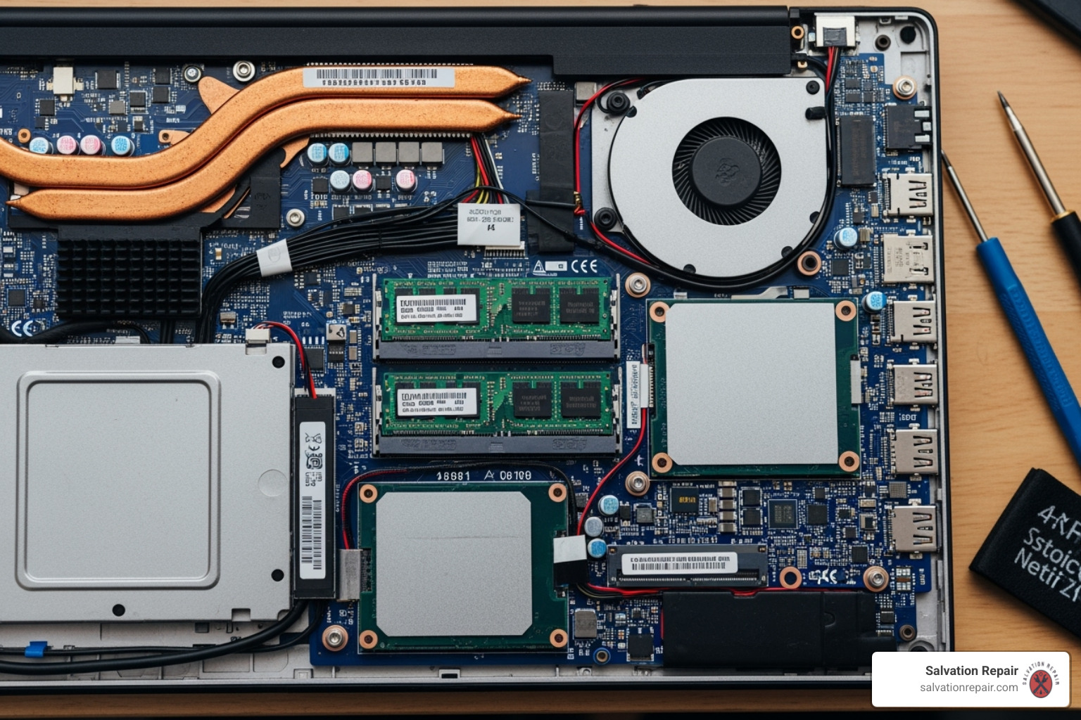 Open laptop with RAM slots visible - Laptop RAM upgrade