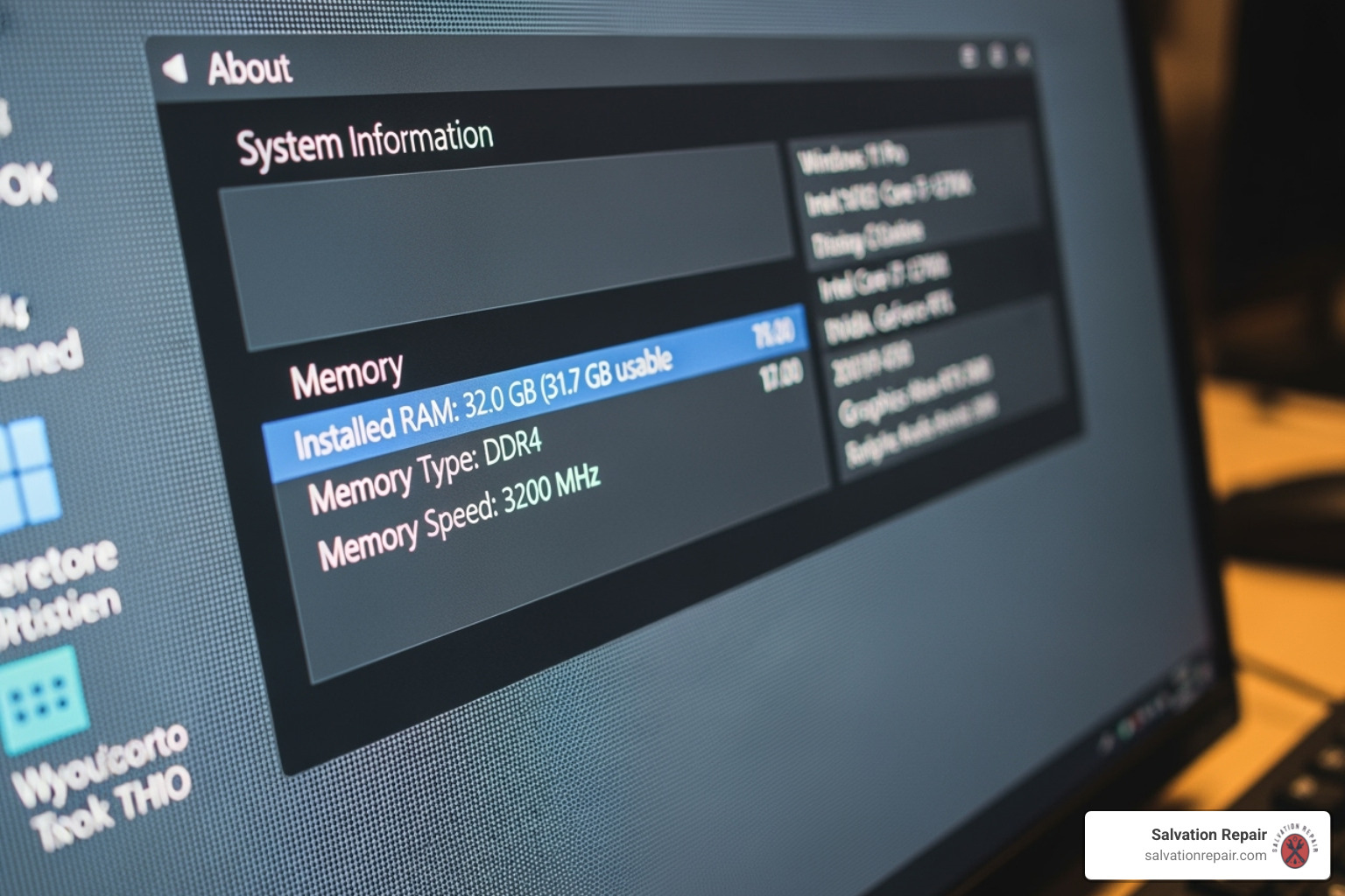Computer 'About' screen showing new RAM - Laptop RAM upgrade
