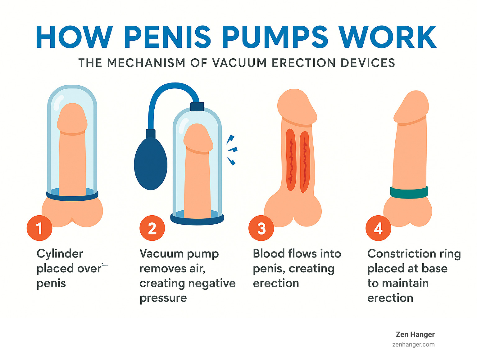 Infographic showing how penis pumps work: cylinder placed over penis, vacuum pump removes air creating negative pressure, blood flows into penis creating erection, constriction ring placed at base to maintain erection - doctors review of penis pumps infographic 