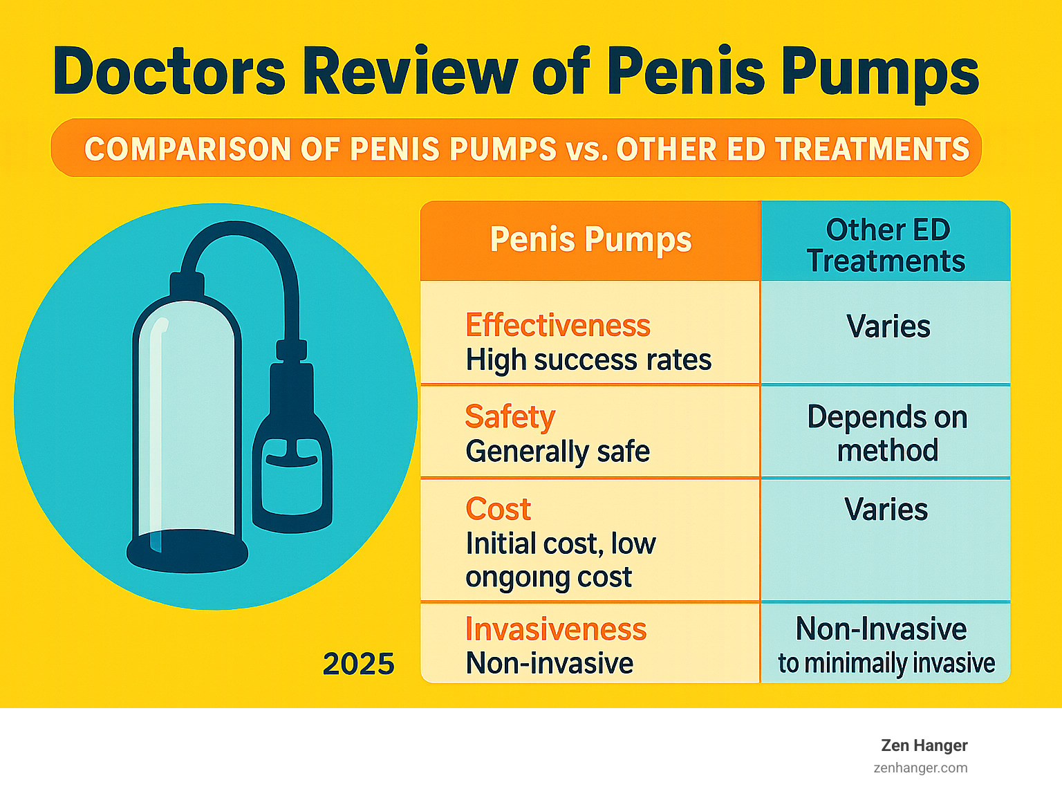 Infographic comparing effectiveness, safety, cost, and invasiveness of penis pumps versus other ED treatments - doctors review of penis pumps infographic 