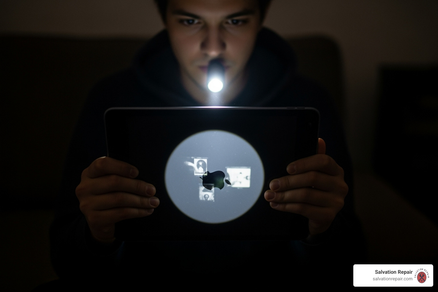 User shining flashlight on iPad screen - iPad dead screen