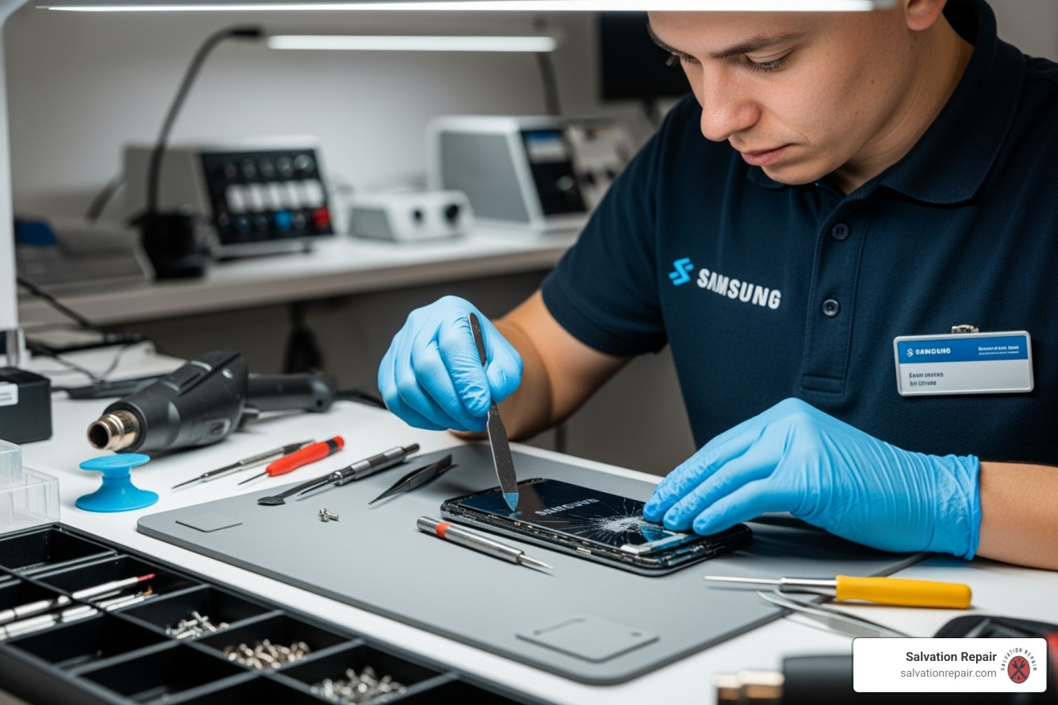 Certified Salvation Repair technician repairing a Samsung phone - Samsung cracked screen repair