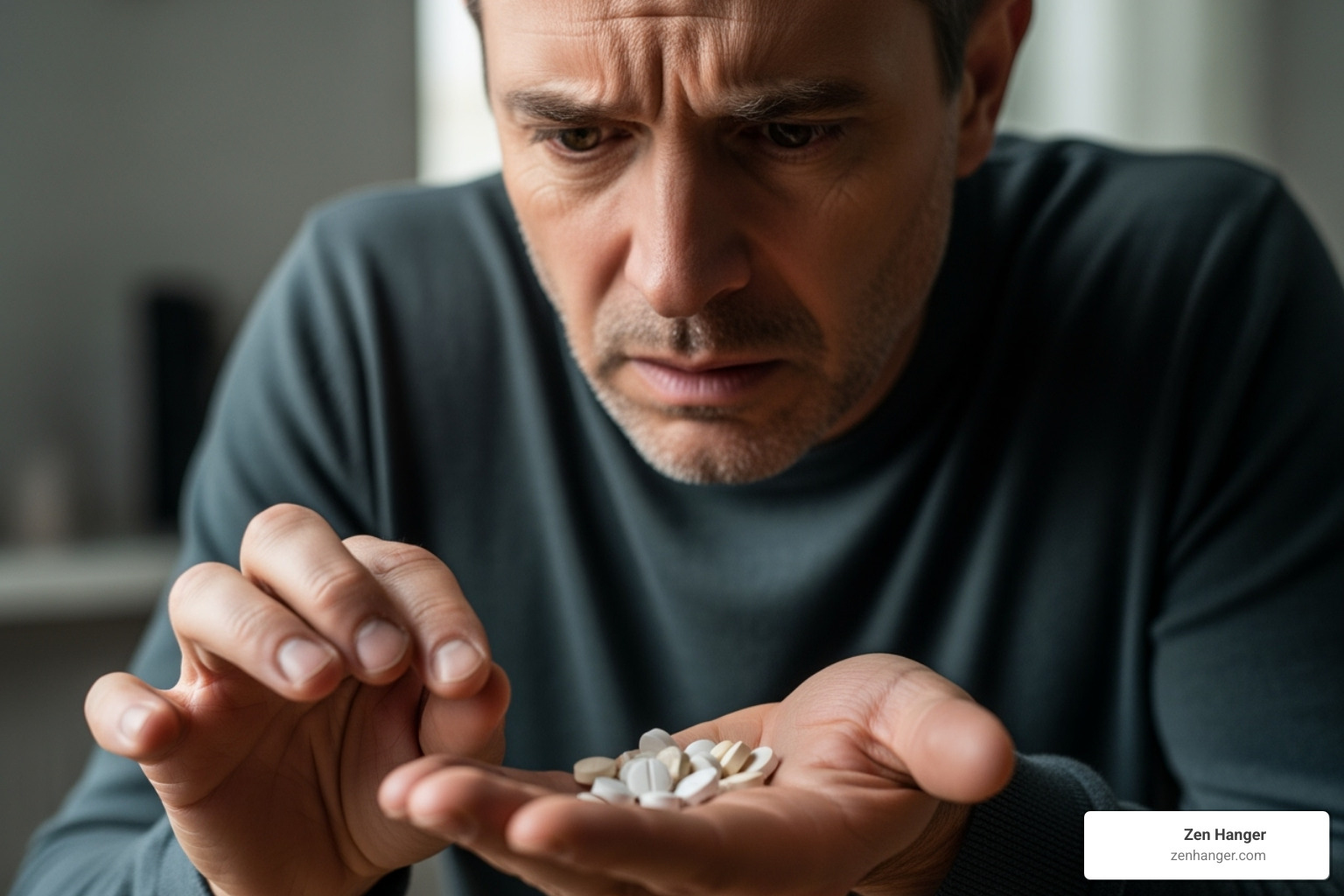 man looking at dangerous pills - male improvement safety