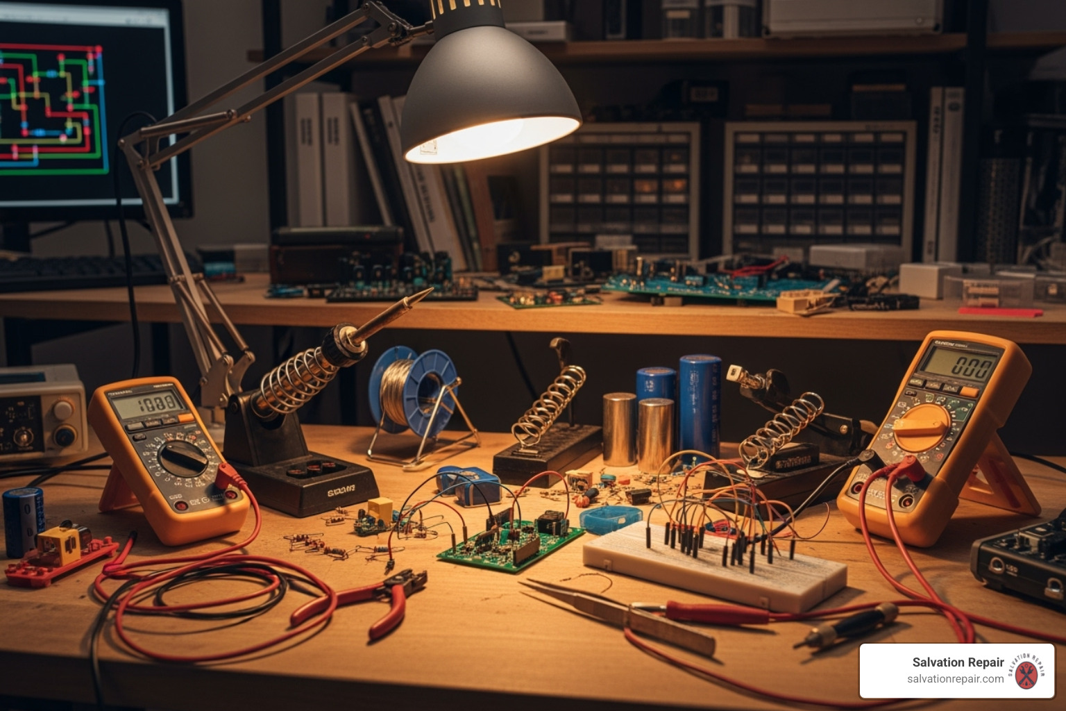 DIY electronics workbench with soldering iron and tools - MacBook logic board repair