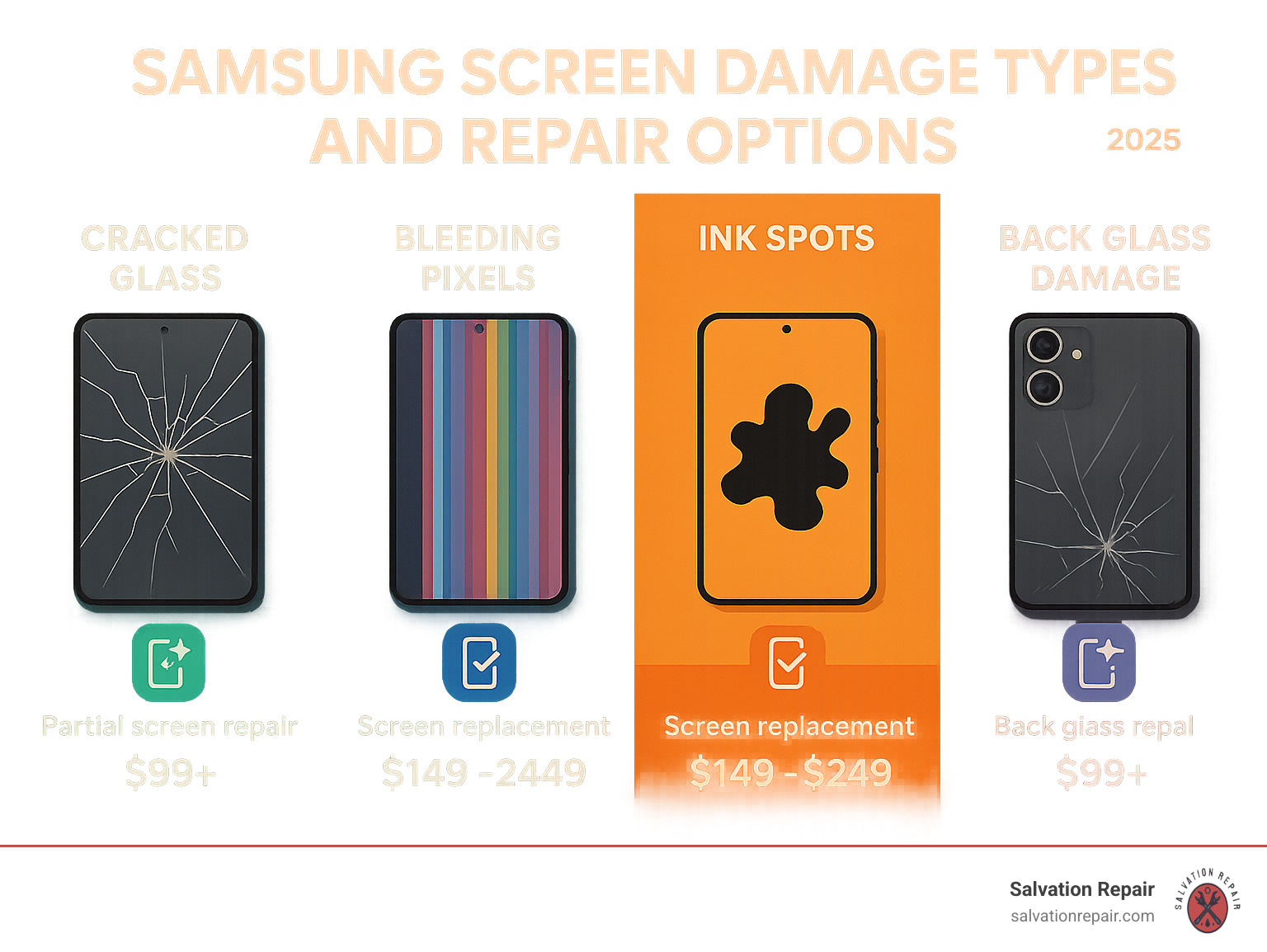 Samsung screen damage types and repair options comparison showing cracked glass, bleeding pixels, ink spots, and back glass damage with corresponding repair methods and estimated costs - Samsung cracked screen repair infographic 