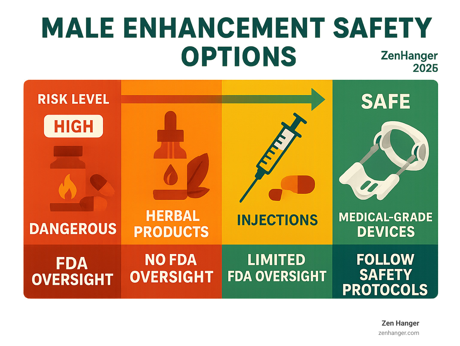 Comprehensive guide to male improvement safety options showing the spectrum from dangerous unregulated supplements to safe medical-grade devices, including risk levels, FDA oversight status, and recommended safety protocols for each category - male improvement safety infographic 