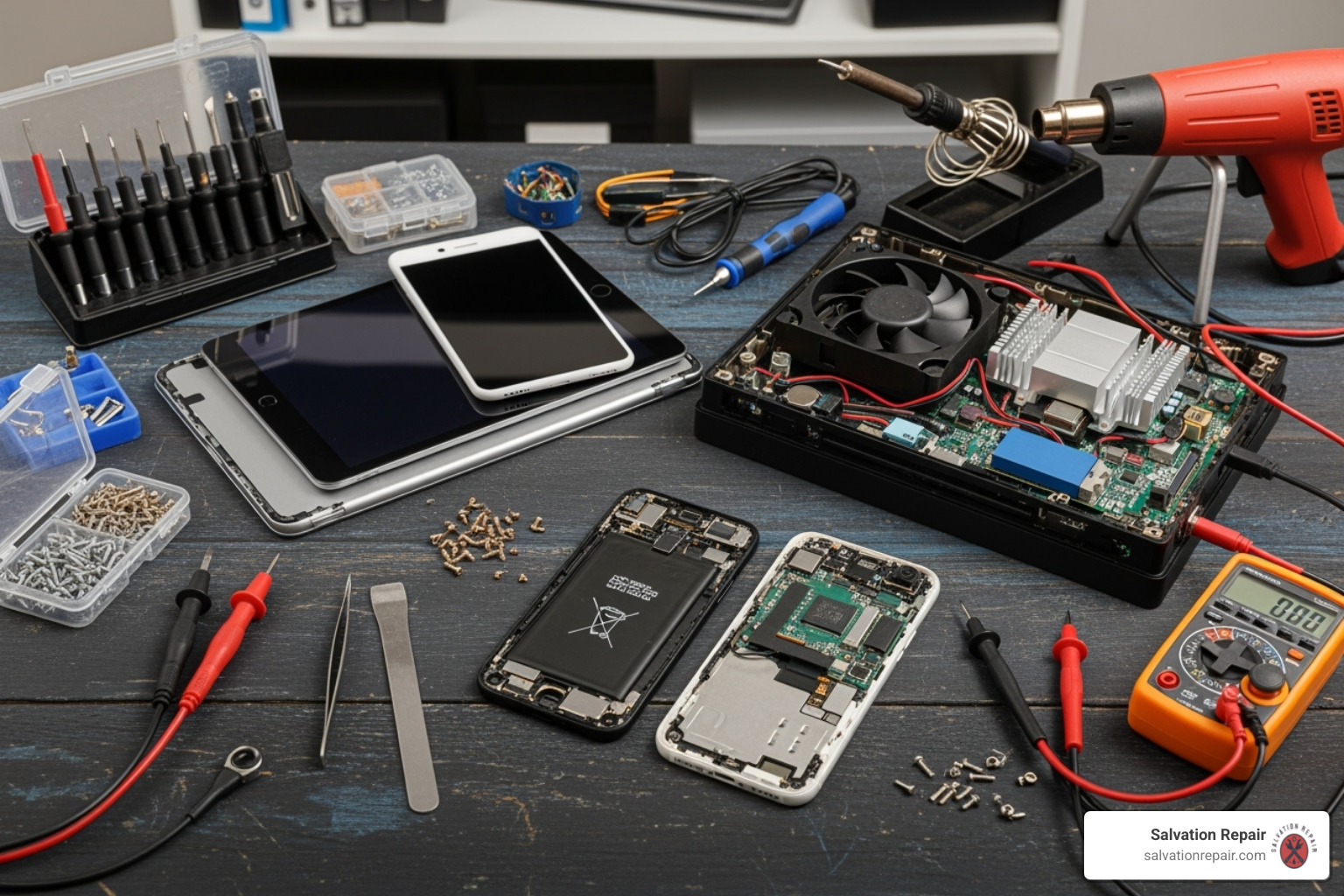 a technician's workbench with various disassembled devices (phone, tablet, console) - device repair near me