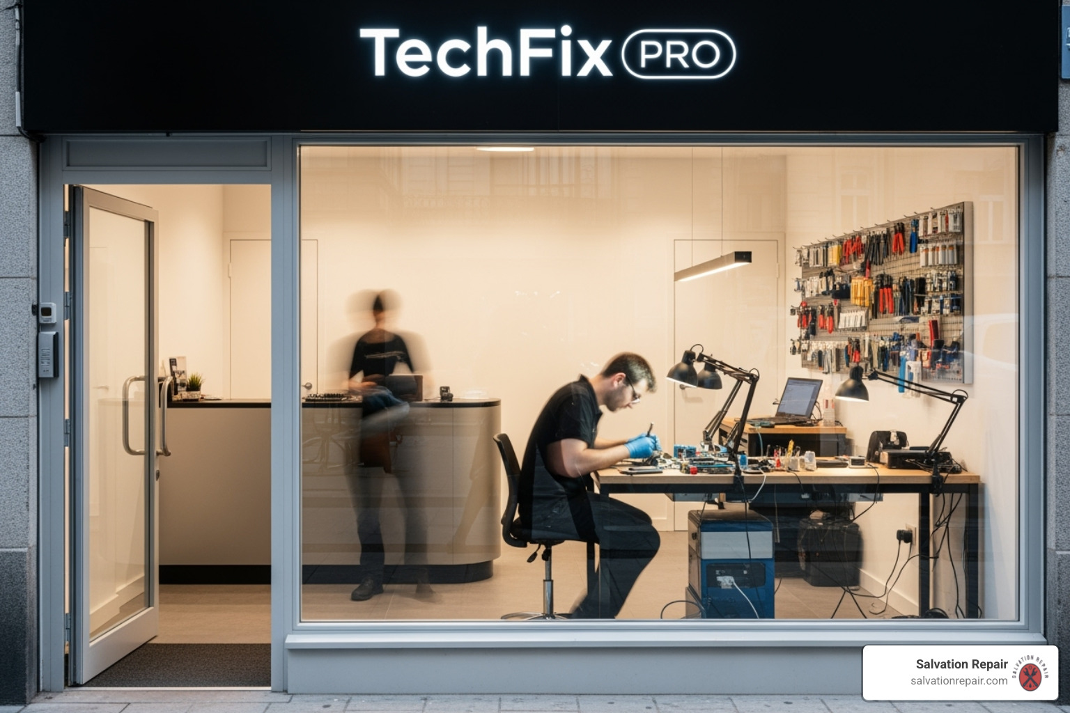 a "Same-Day Repair" sign in a shop window - device repair near me