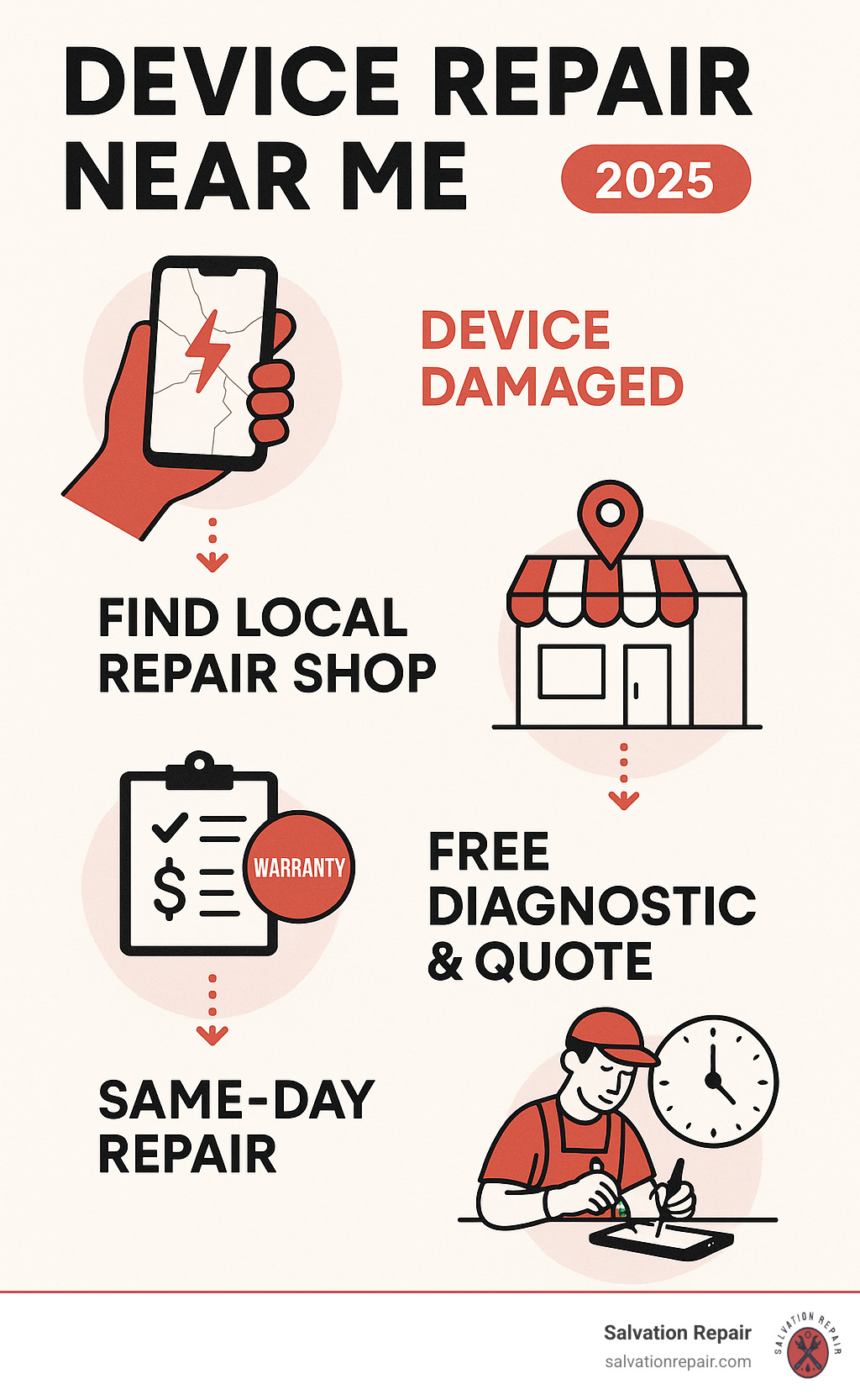 Infographic showing the journey from device damage through finding a local repair shop to getting your device fixed, including steps like getting a free diagnostic, receiving a quote with warranty information, and same-day repair completion - device repair near me infographic 