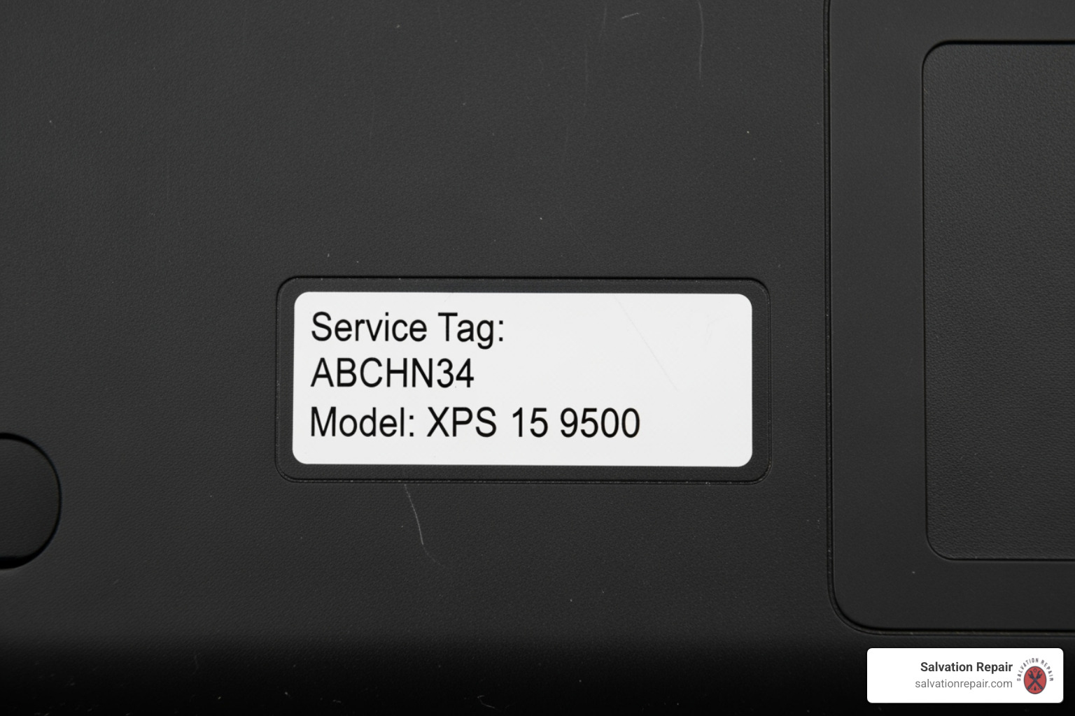 underside of a laptop showing the model number and service tag sticker - laptop repair underside of a laptop showing the model number and service tag sticker - laptop repair