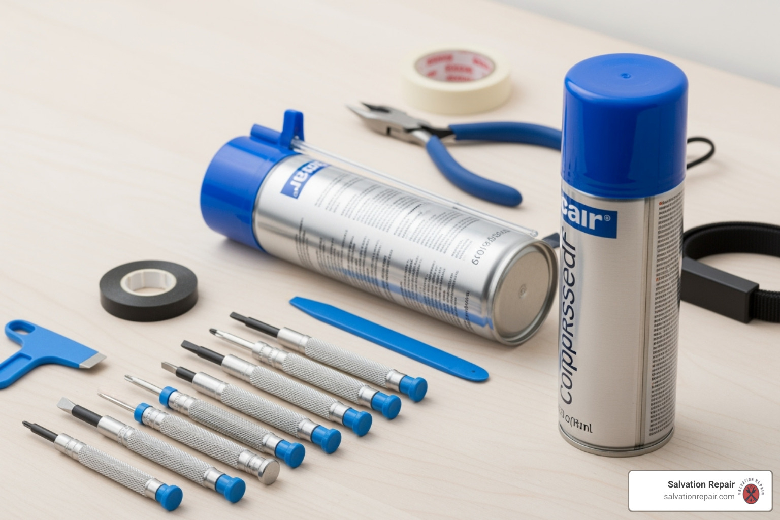 basic electronics toolkit including screwdrivers, a spudger, and a can of compressed air - laptop repair basic electronics toolkit including screwdrivers, a spudger, and a can of compressed air - laptop repair