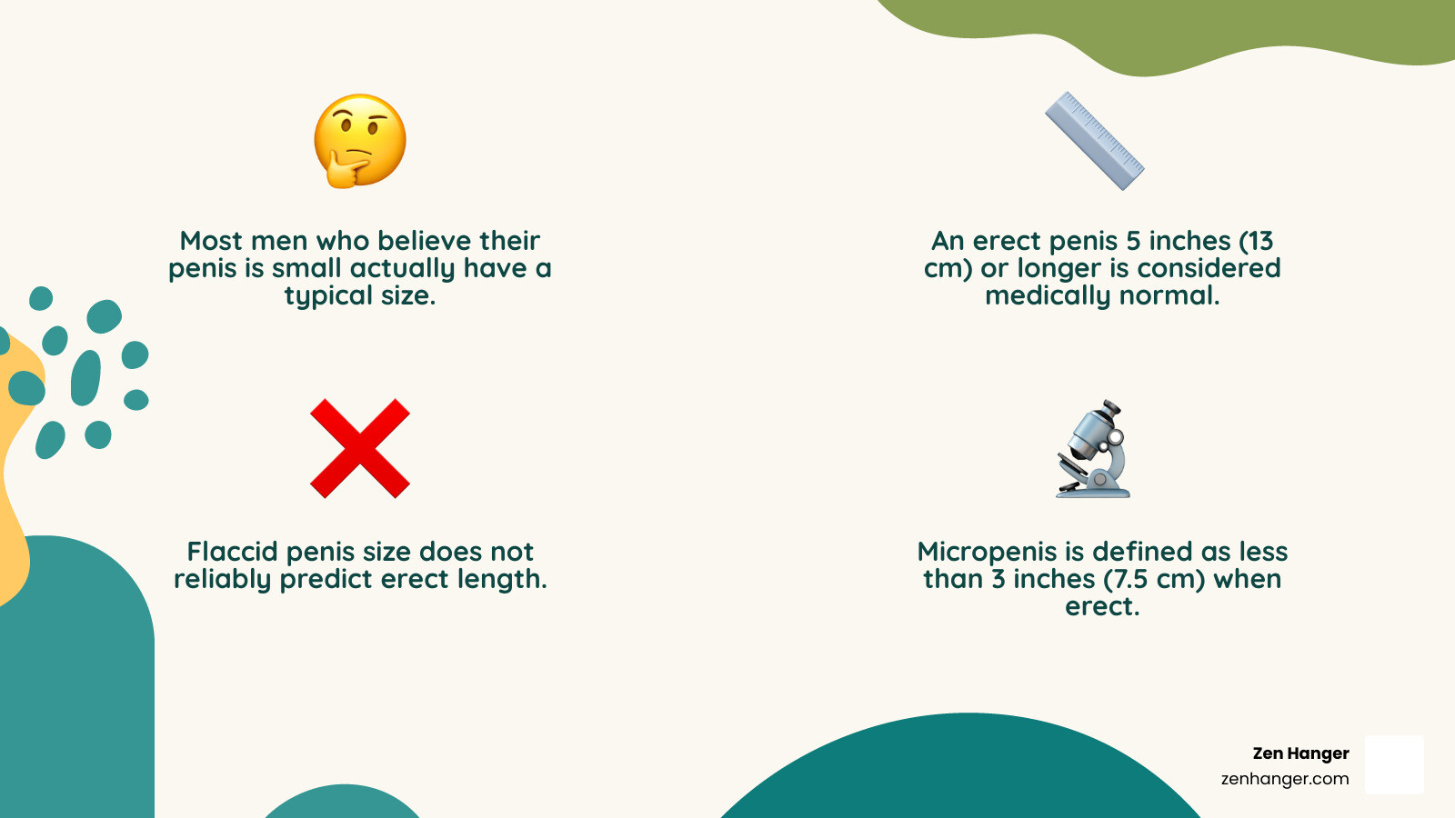 Infographic showing the medical definition of normal penis size versus micropenis, with average measurements for flaccid and erect length, and explaining that most men seeking enlargement actually have normal-sized penises - penis growth products infographic 4_facts_emoji_nature