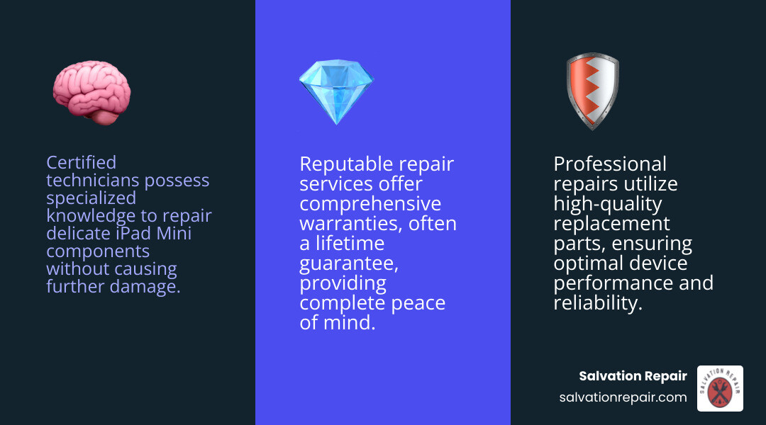 Infographic summarizing benefits of professional iPad Mini repair, emphasizing expertise, genuine parts, and warranty for peace of mind - iPad Mini repair infographic 3_facts_emoji_blue
