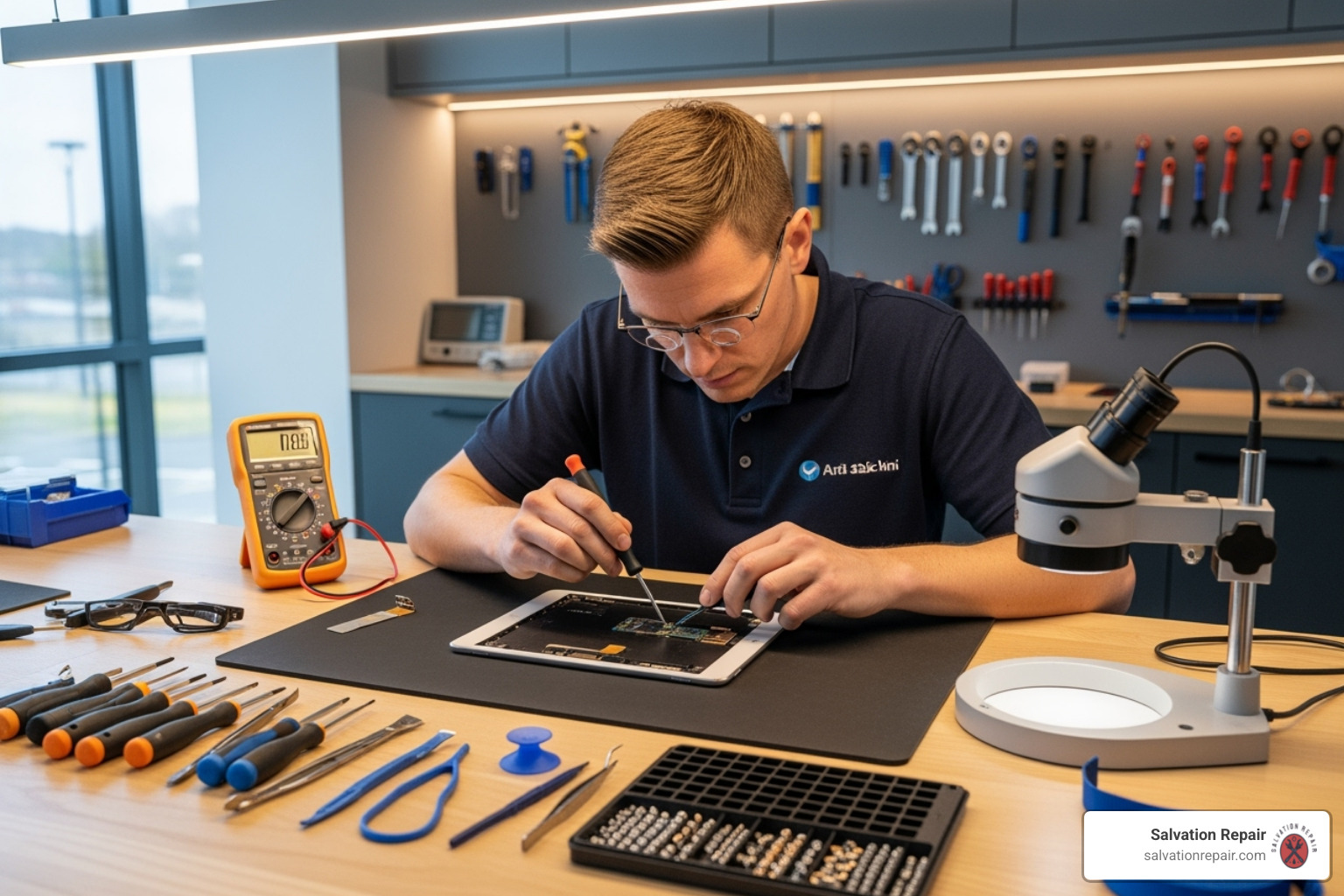 technician repairing an iPad Mini in a clean workshop - iPad Mini repair