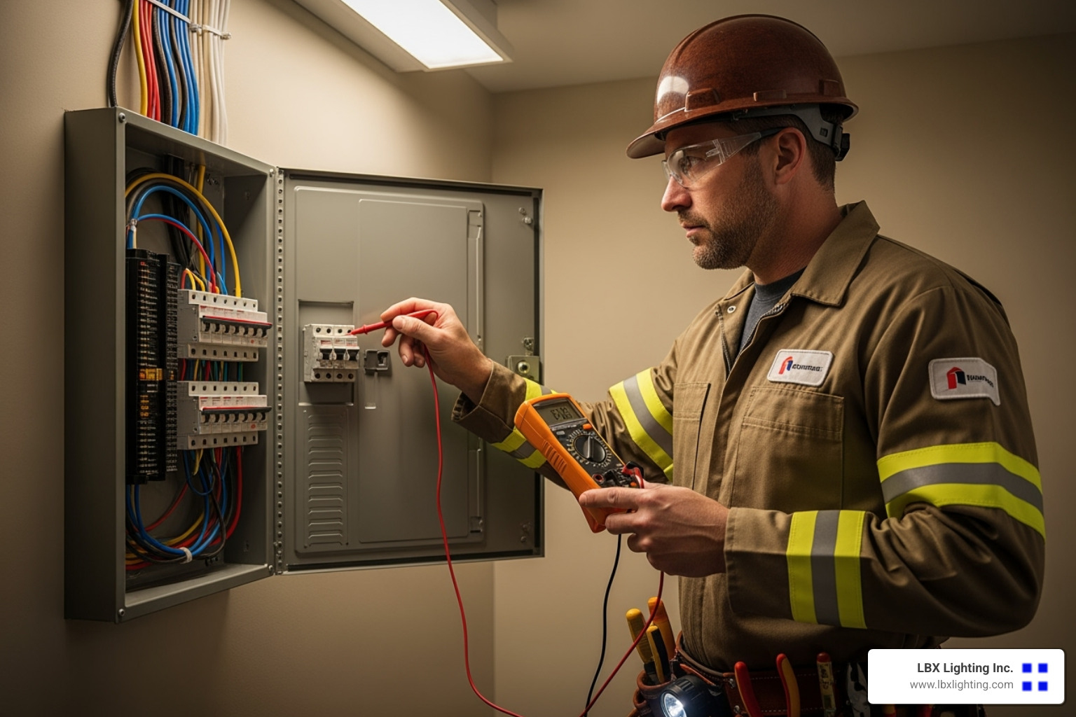 professional electrician inspecting a circuit breaker panel - Fix flickering lights