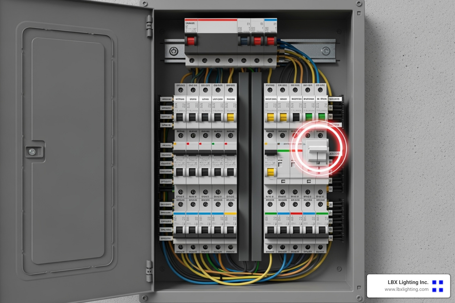 home electrical panel with one breaker highlighted - Fix flickering lights