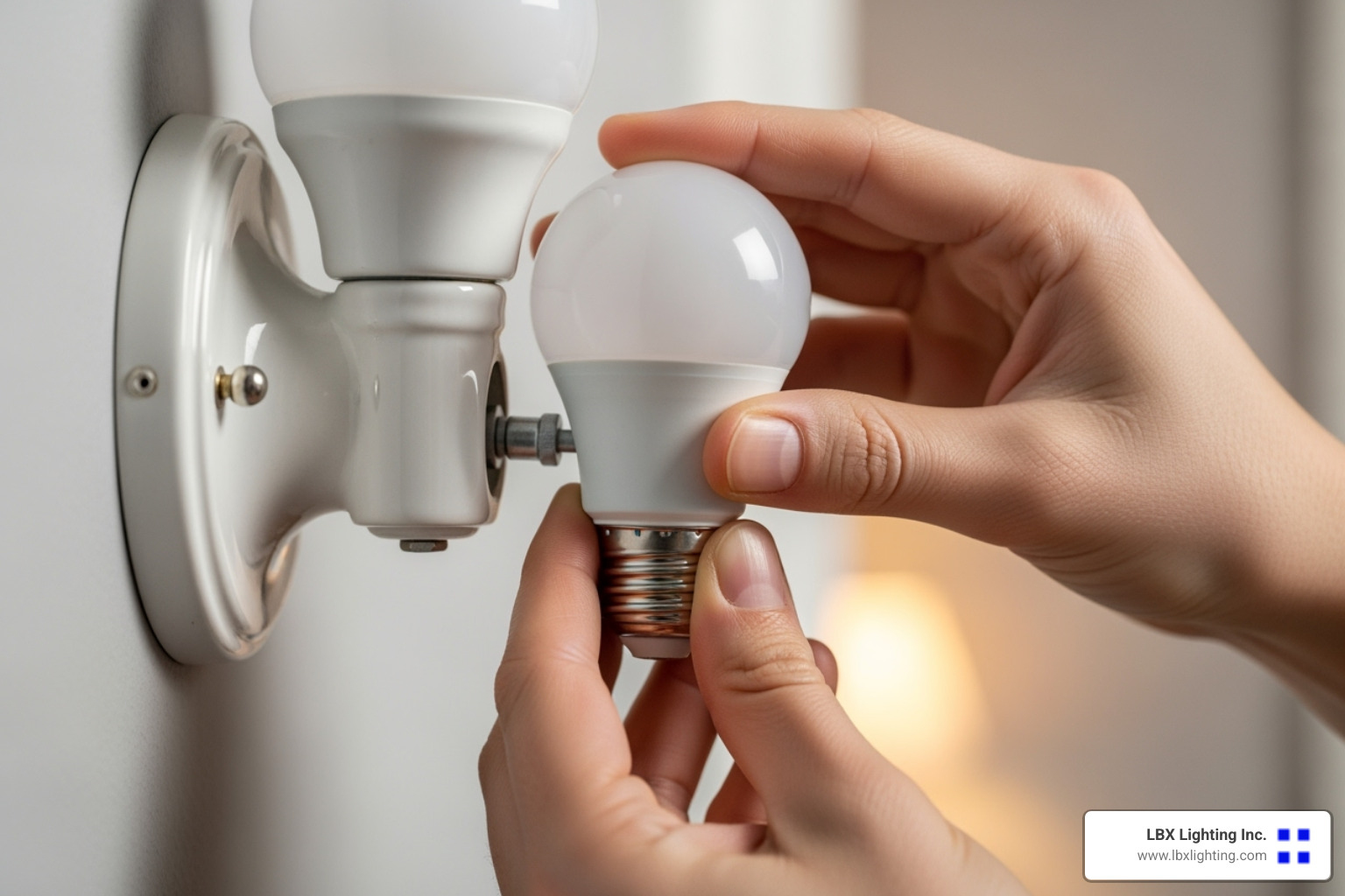 person safely tightening a light bulb - Fix flickering lights