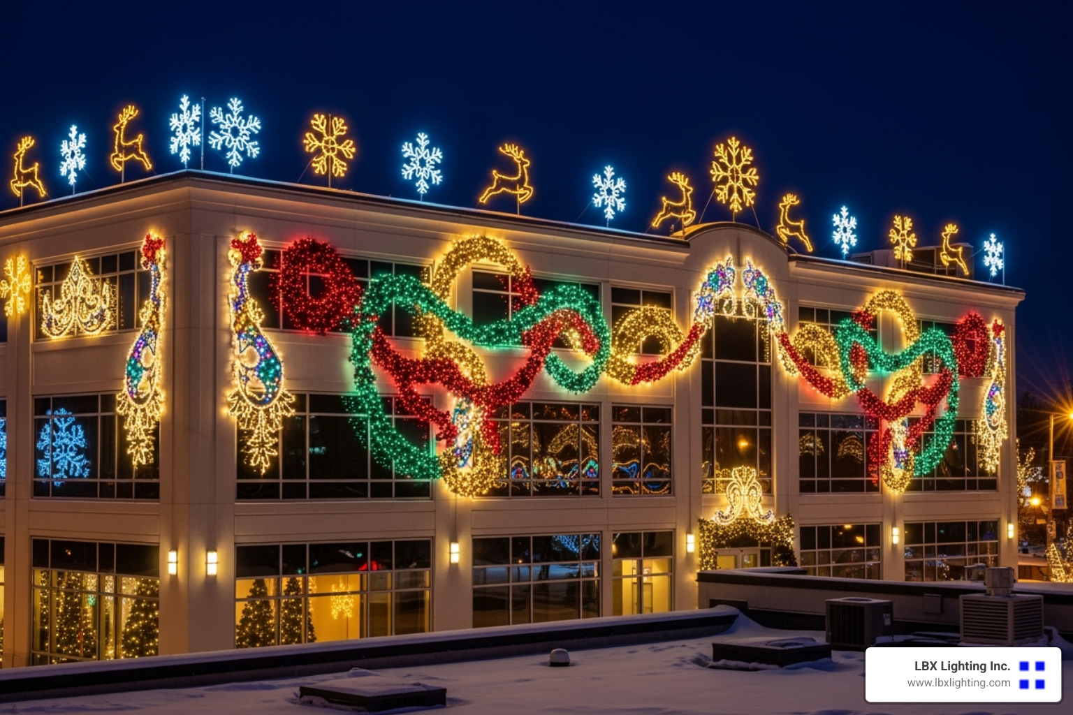 unique, custom holiday lighting design on a commercial building - holiday light installation houston