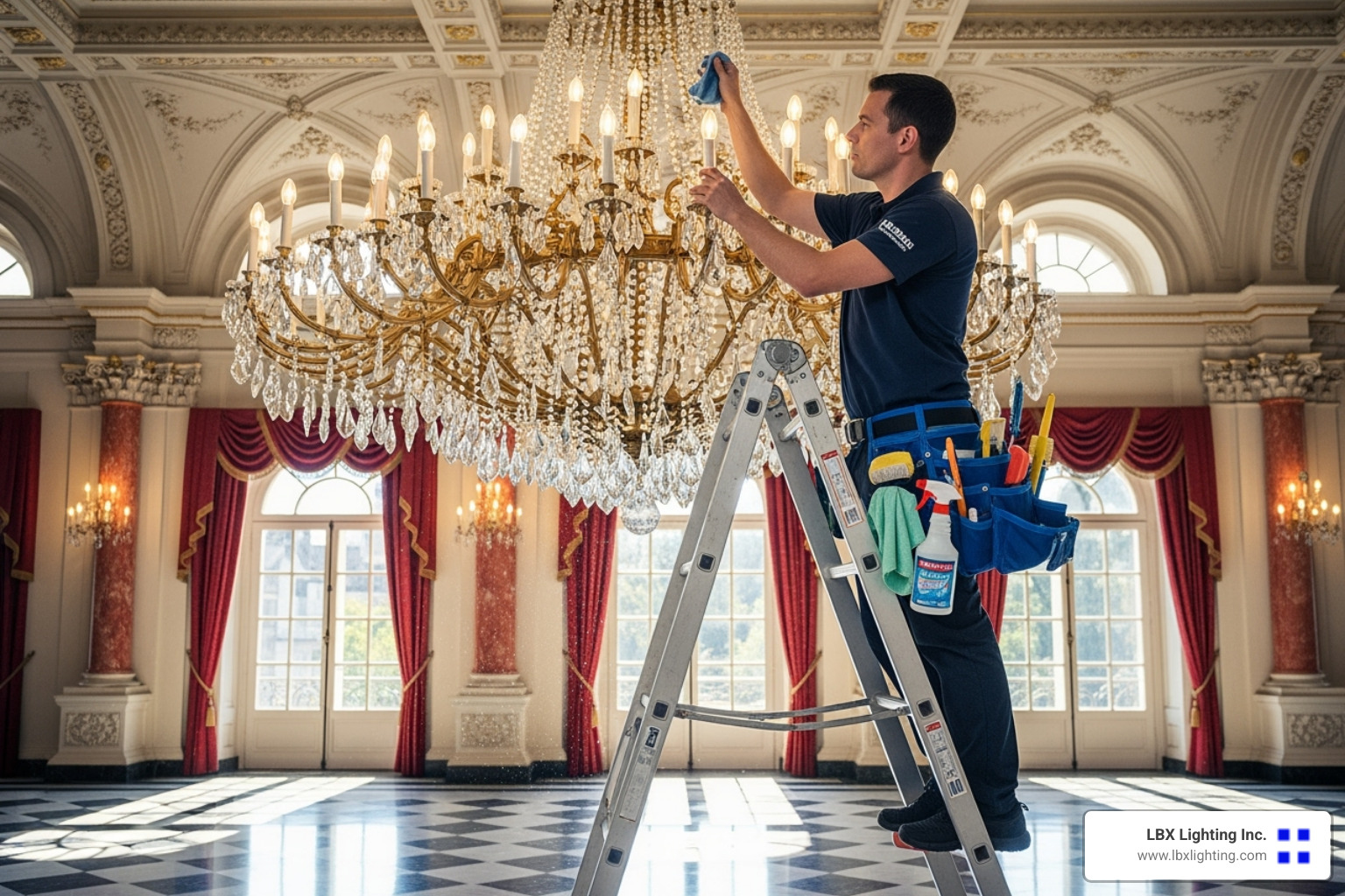 professional on ladder safely cleaning high-ceiling chandelier - chandelier cleaner near me