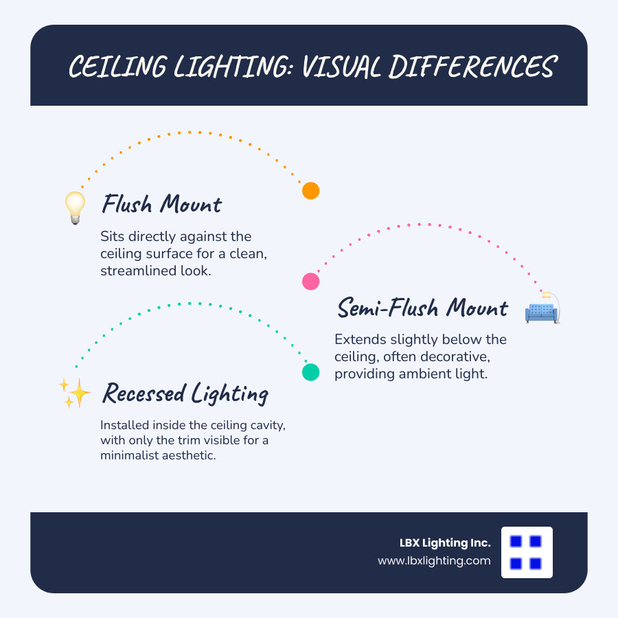 Infographic showing the visual differences between flush mount fixtures that sit directly against the ceiling surface, semi-flush mount fixtures that extend slightly below the ceiling, and traditional recessed lighting that is installed inside ceiling cavities with only the trim visible - Flush mount recessed lighting infographic infographic-line-3-steps-blues-accent_colors