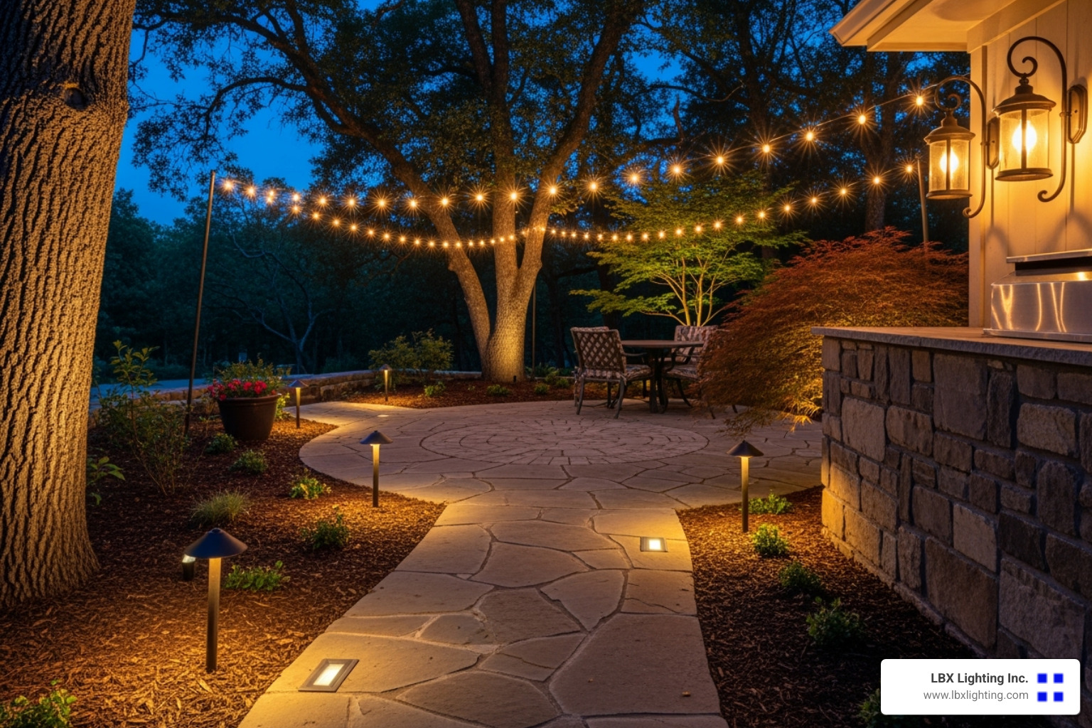 A well-lit garden path leading to a patio with string lights, showcasing different types of exterior lighting working together - exterior lighting