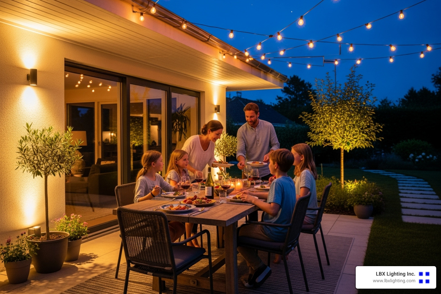 A family enjoying a meal on a beautifully lit outdoor patio, highlighting how exterior lighting extends living spaces - exterior lighting