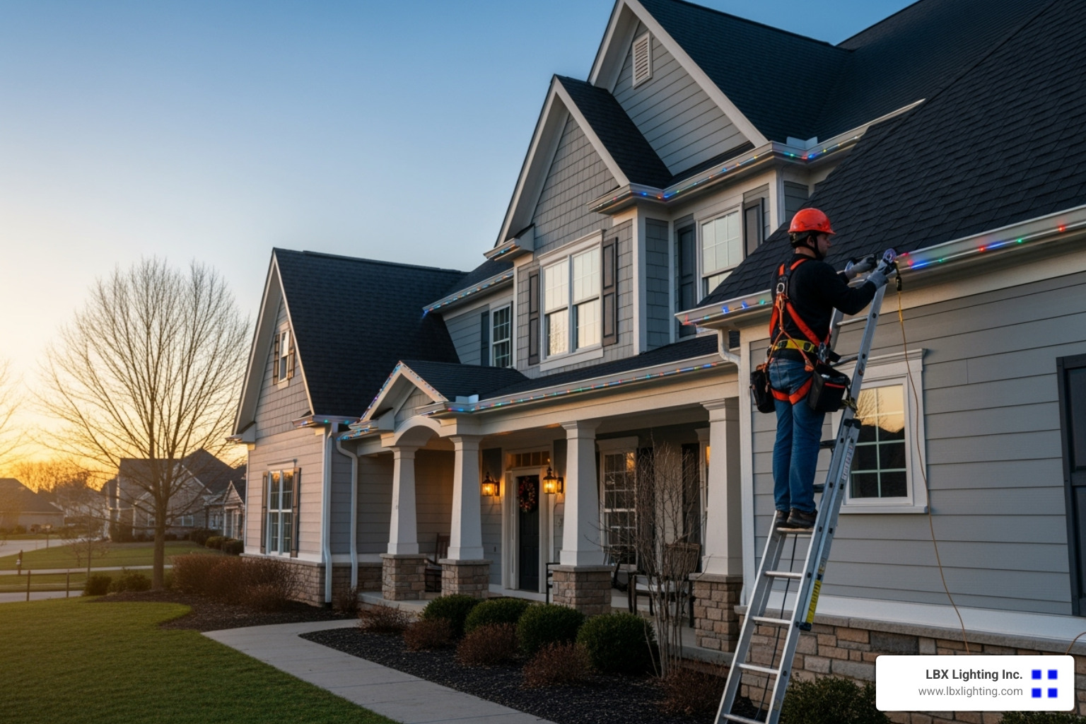 professional installer safely working on a roof - holiday light installation houston