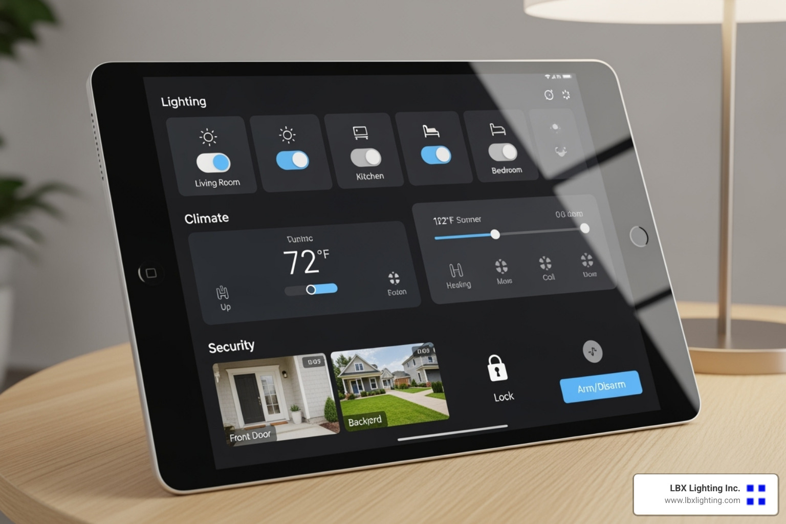 Smart home dashboard on a tablet showing integrated control of lights, HVAC, and security - light control systems