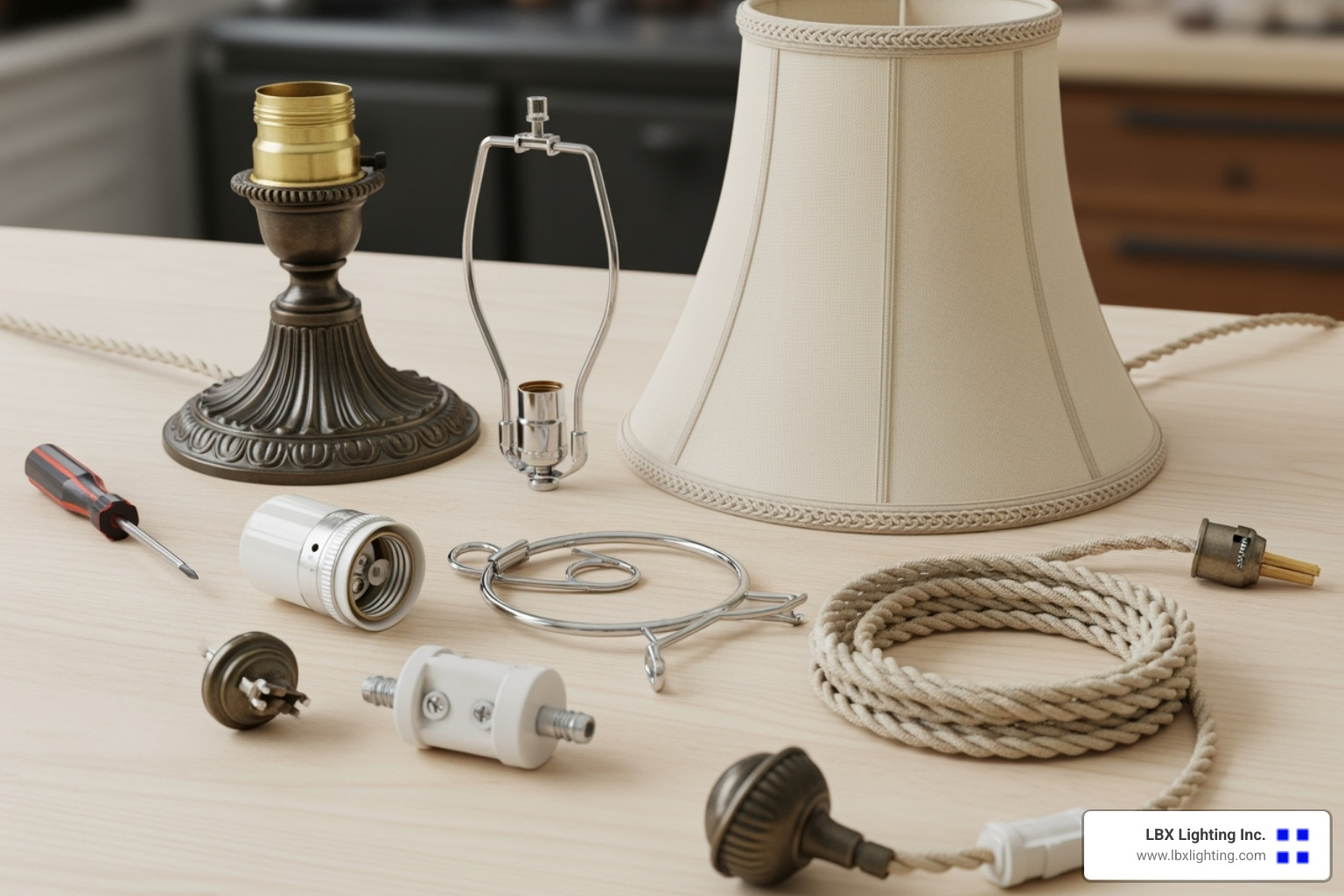 lamp's components laid out neatly before rewiring - vintage lamp restoration