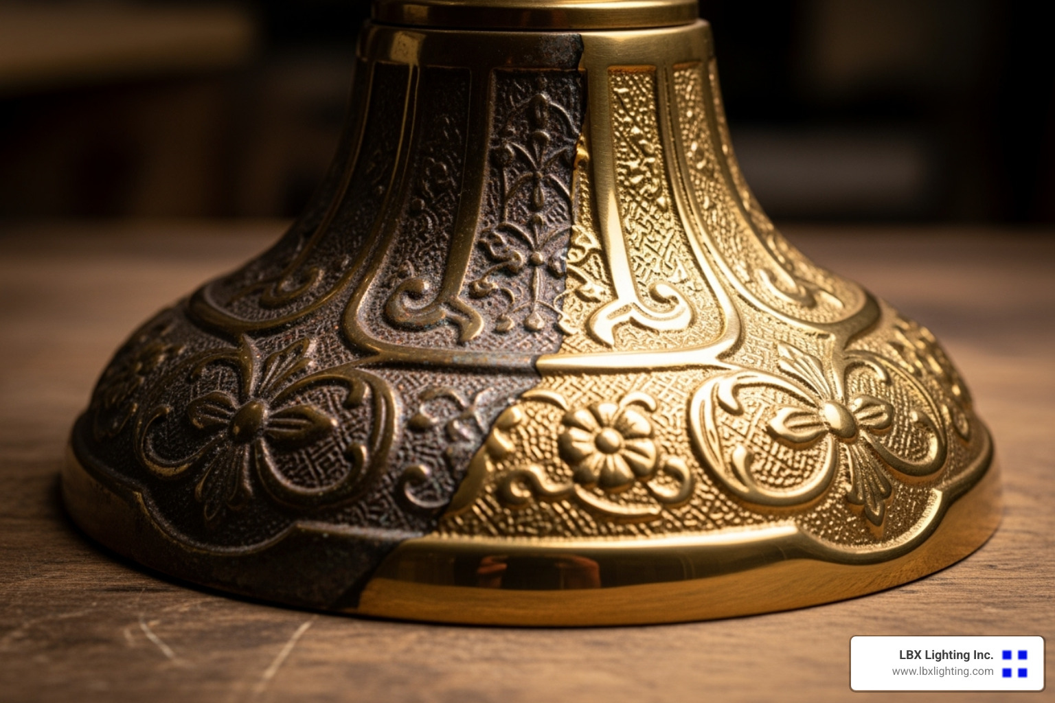 half-cleaned brass lamp base showing a stark before-and-after contrast - vintage lamp restoration