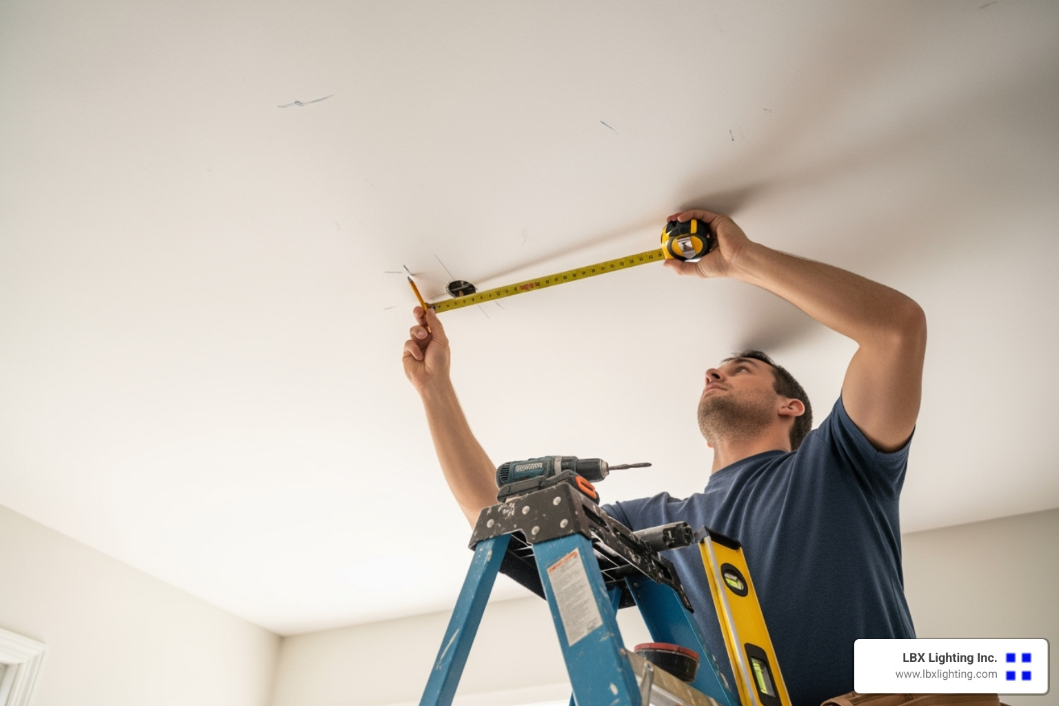 person measuring a ceiling and marking light placements - how to install led recessed lighting in existing ceiling