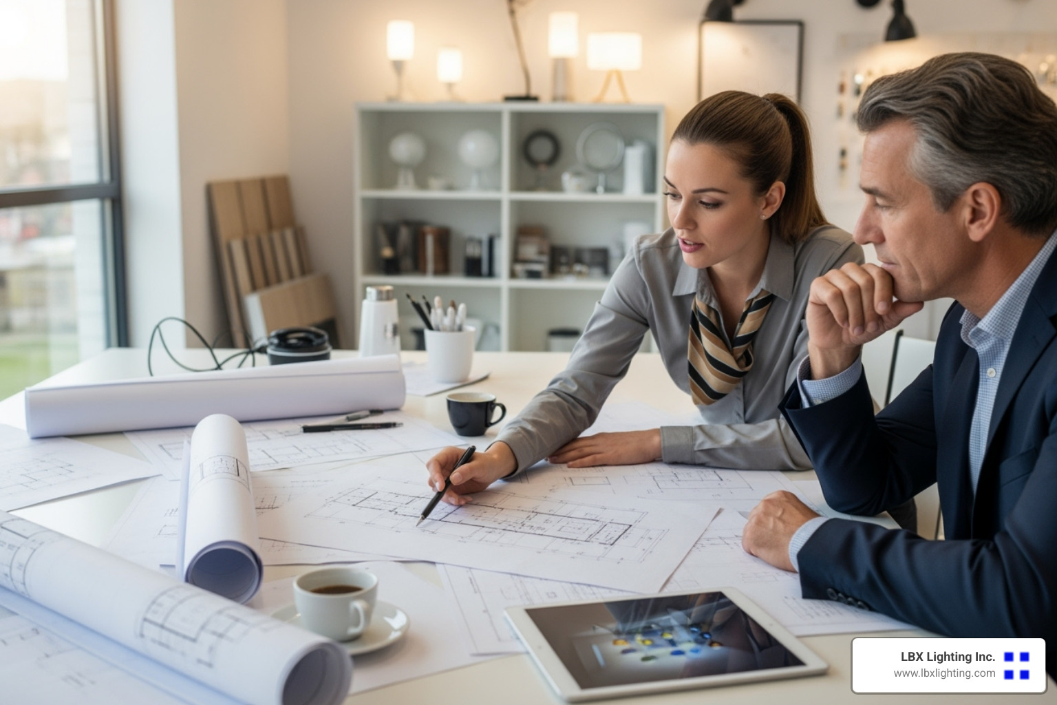 Lighting designer reviewing blueprints with a client - Lighting company Houston