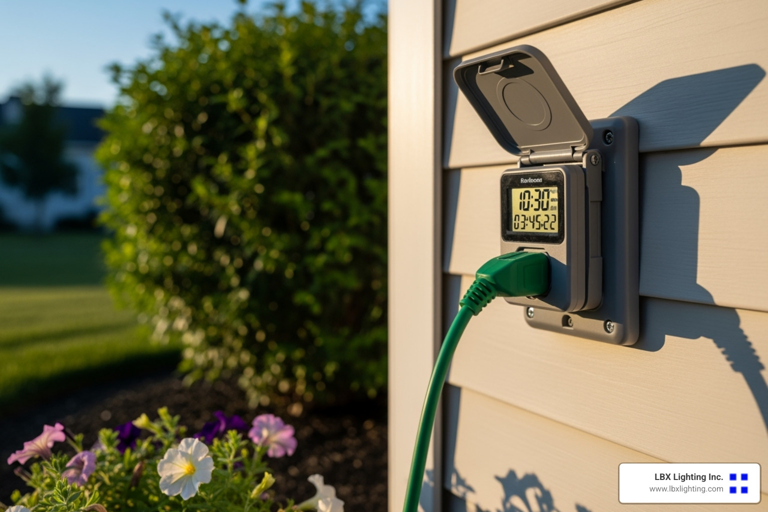 digital timer plugged into an outdoor outlet - christmas light installation houston cost