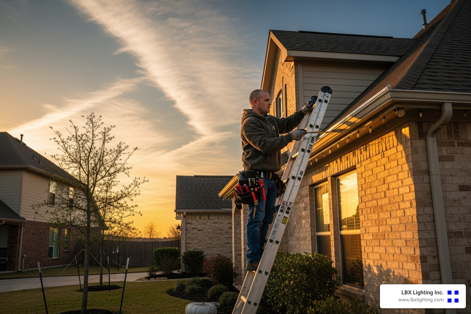 professional installer measuring a roofline - christmas light installation houston cost